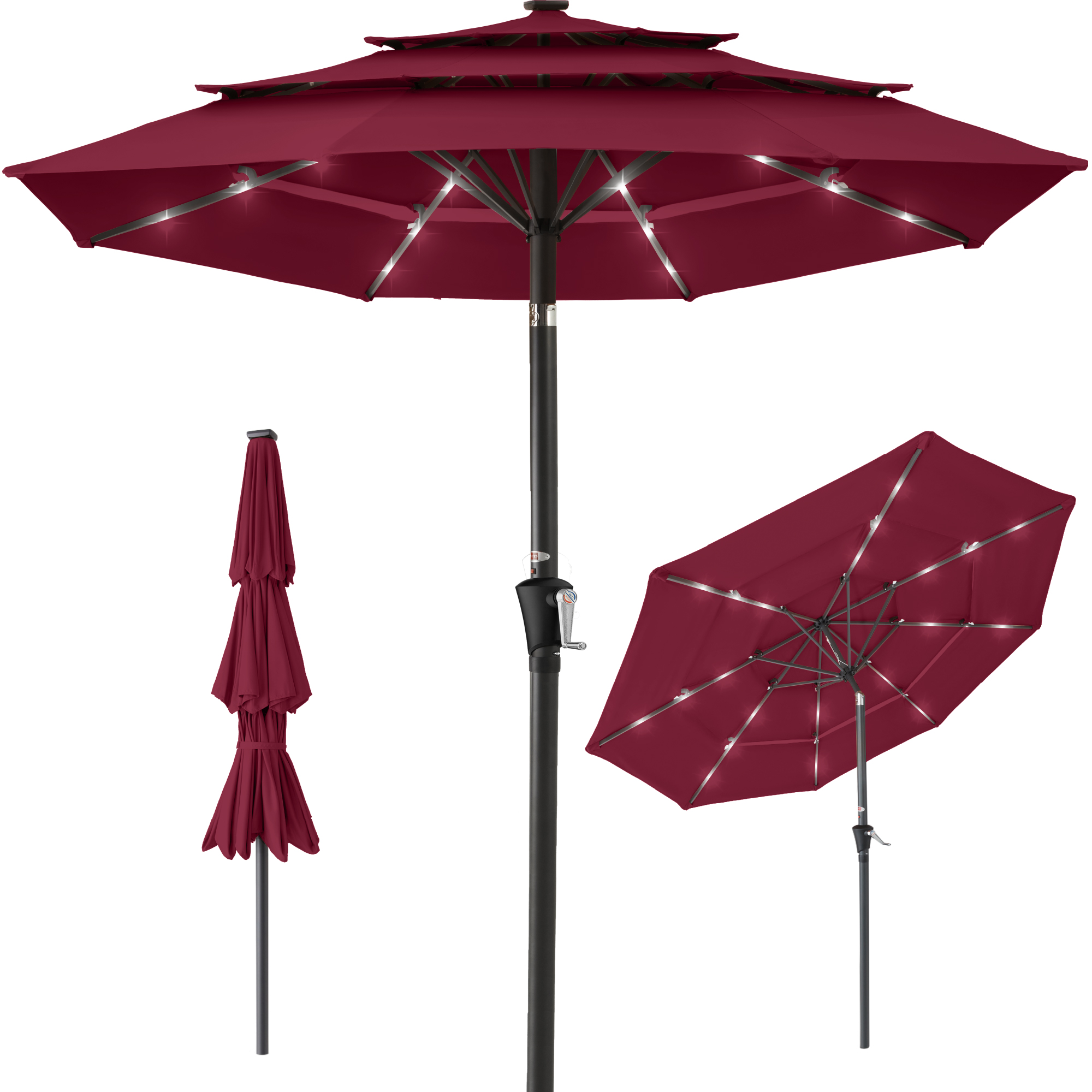 10ft 3-Tier Solar Patio Umbrella w/ 24 LED Lights, Tilt Adjustment, Easy Crank - Burgundy - Best Choice Products Online