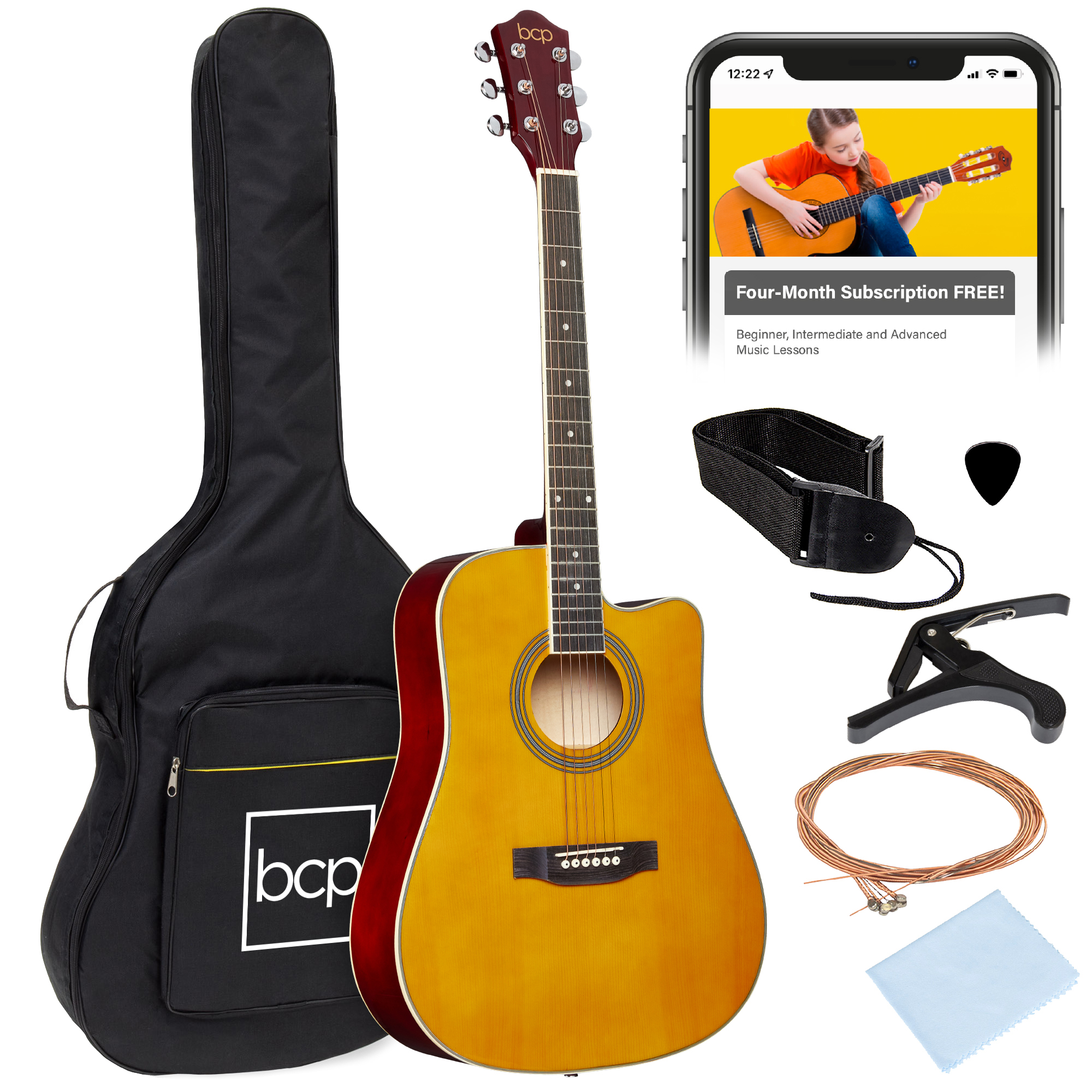 41in Full Size Beginner Acoustic Guitar Set w/ Case, Strap, Capo, Strings, Pick, Tuner - Aged Natural - Best Choice Products Online