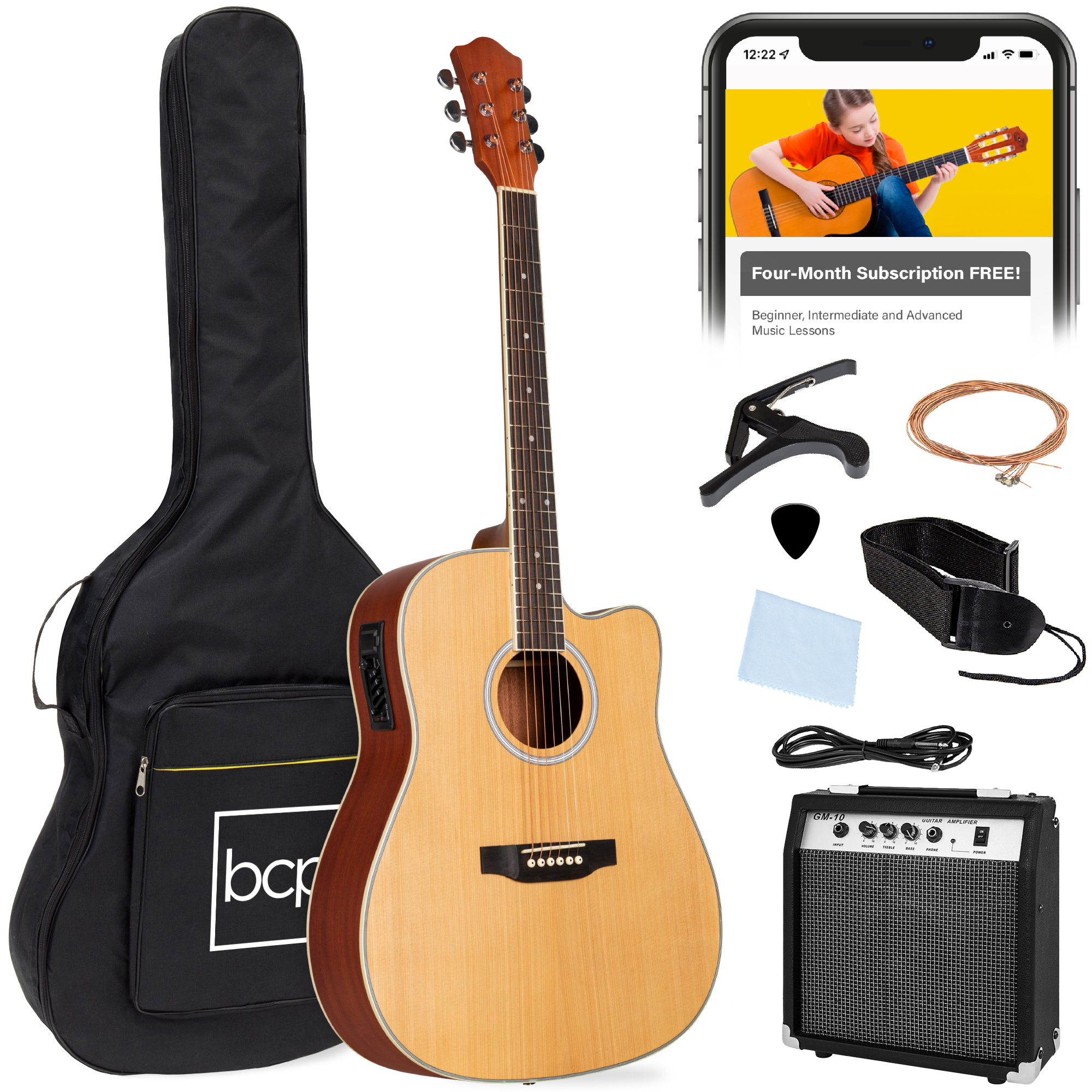 Beginner Acoustic Electric Guitar Starter Set 41in w/ Wood Cutaway Design, Gig Bag - Natural - Best Choice Products Online