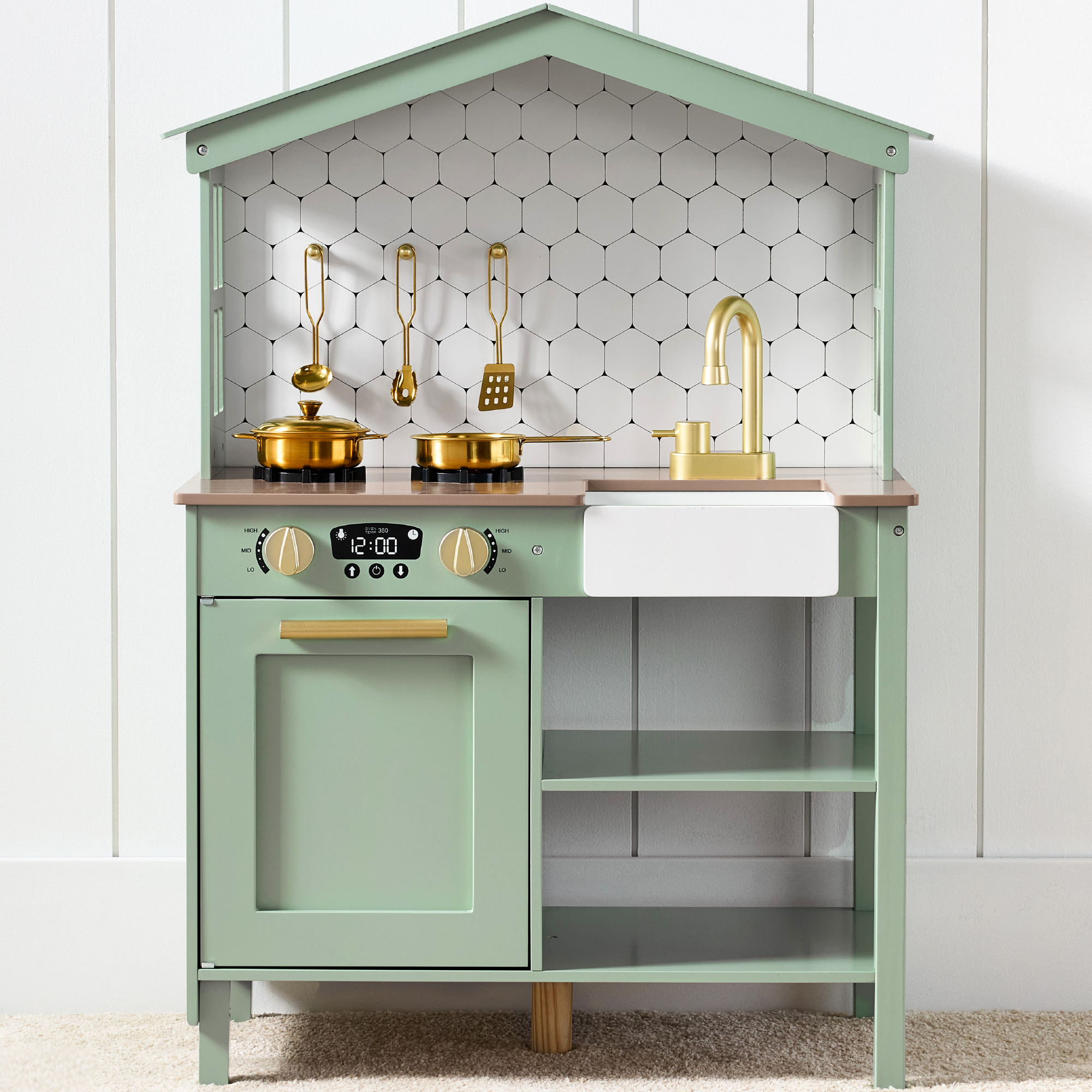 Farmhouse Wooden Play Kitchen Toy Set For Kids w/ Chalkboard, Storage Shelves, 5 Accessories - Sage - Best Choice Products Online