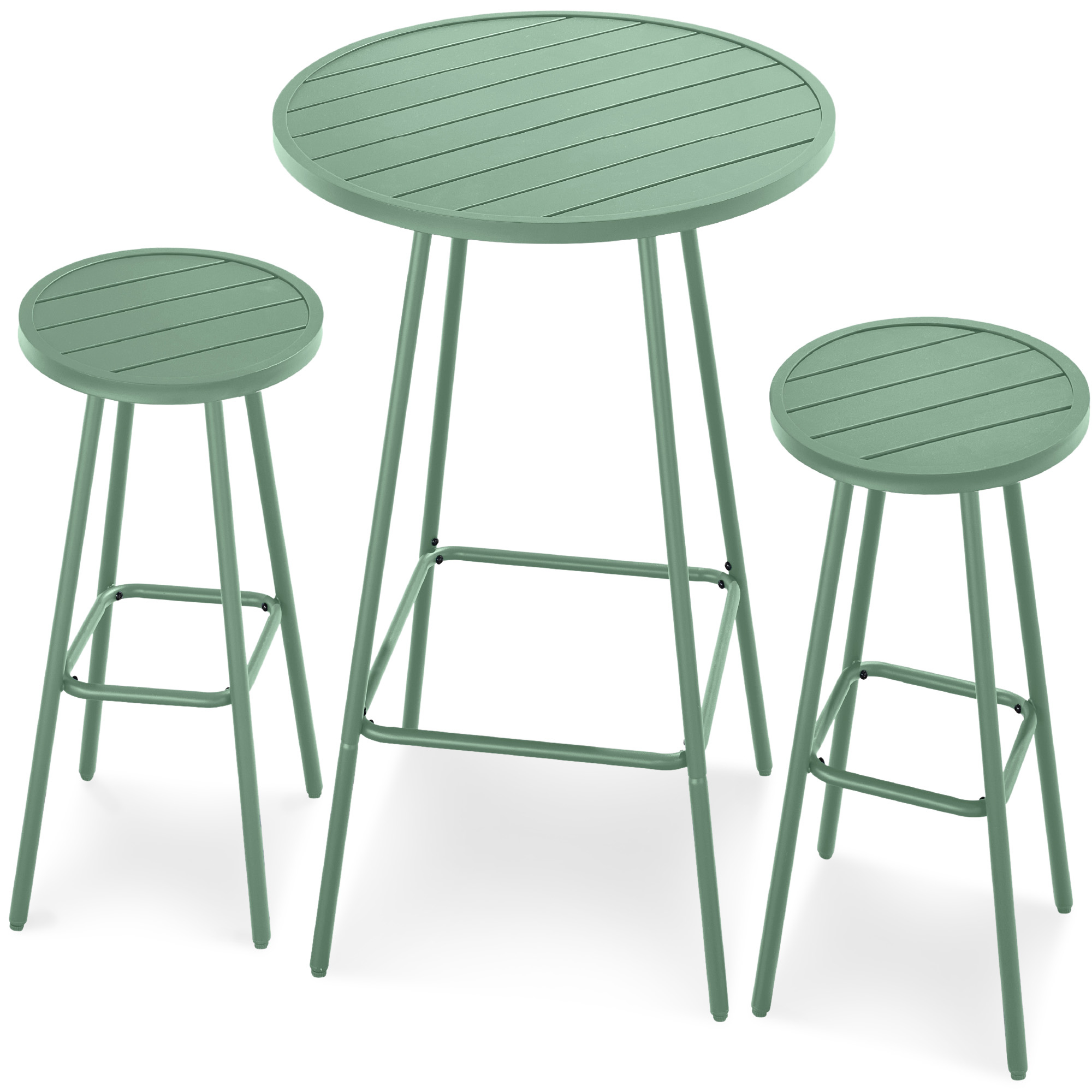 3-Piece Steel Patio Bar Height Round Bistro Set w/ Backless Stools, Slatted Design - Sage - Best Choice Products Online