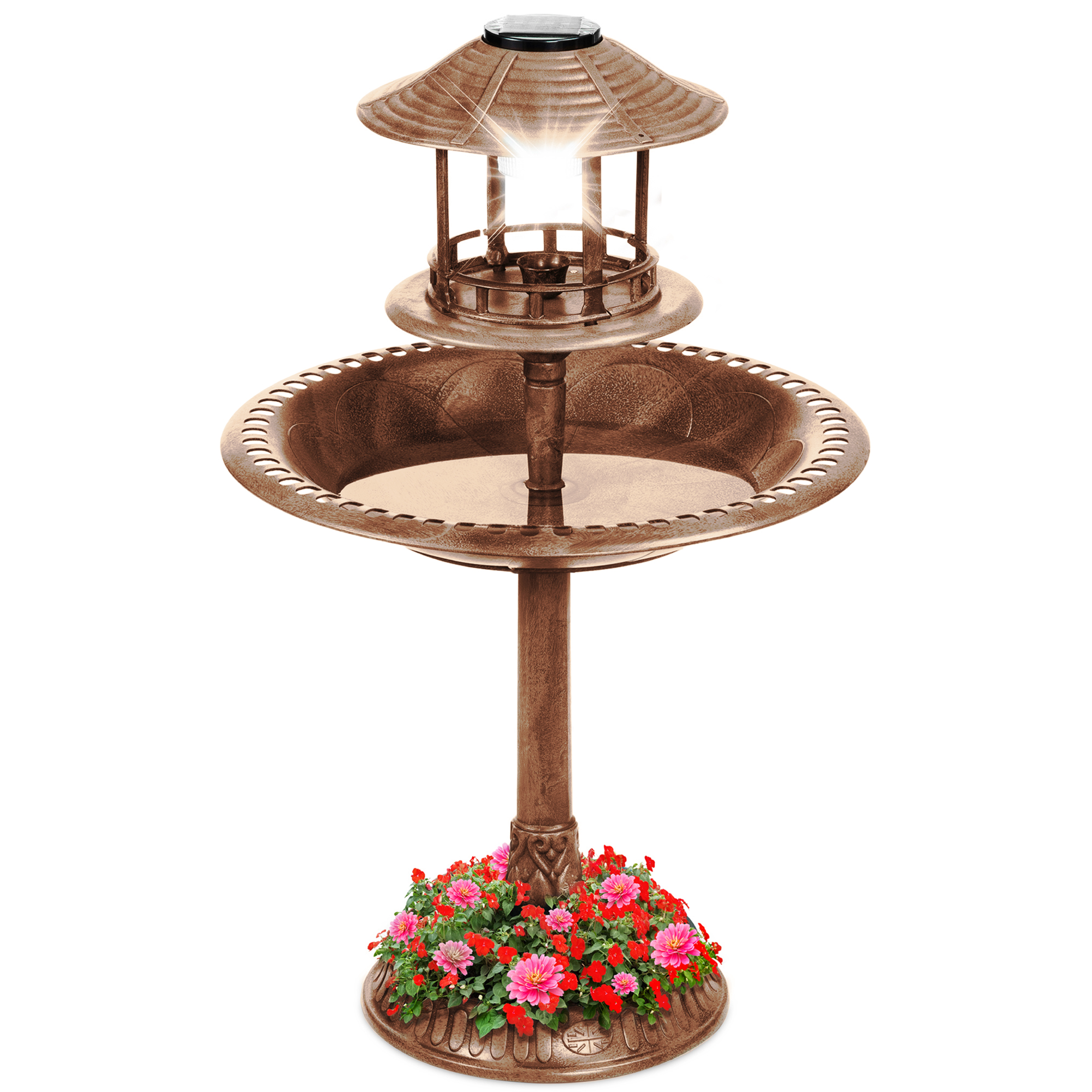 Solar Outdoor Bird Bath Pedestal Fountain Garden Decoration w/ Fillable Planter Base - Bronze | Best Choice Products Online