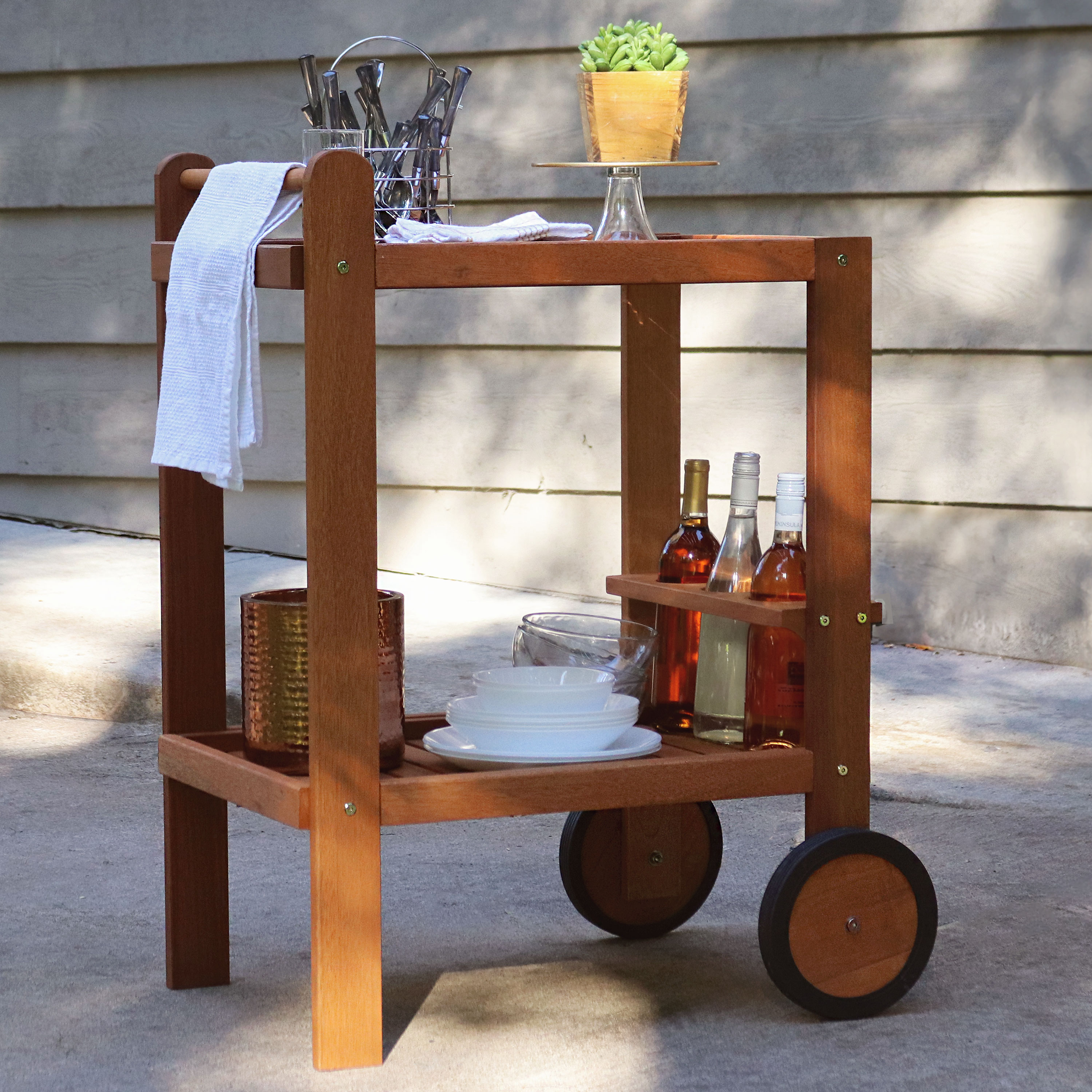 Malaysian Hardwood Indoor/Outdoor Serving Cart with Built-In Bottle Holder