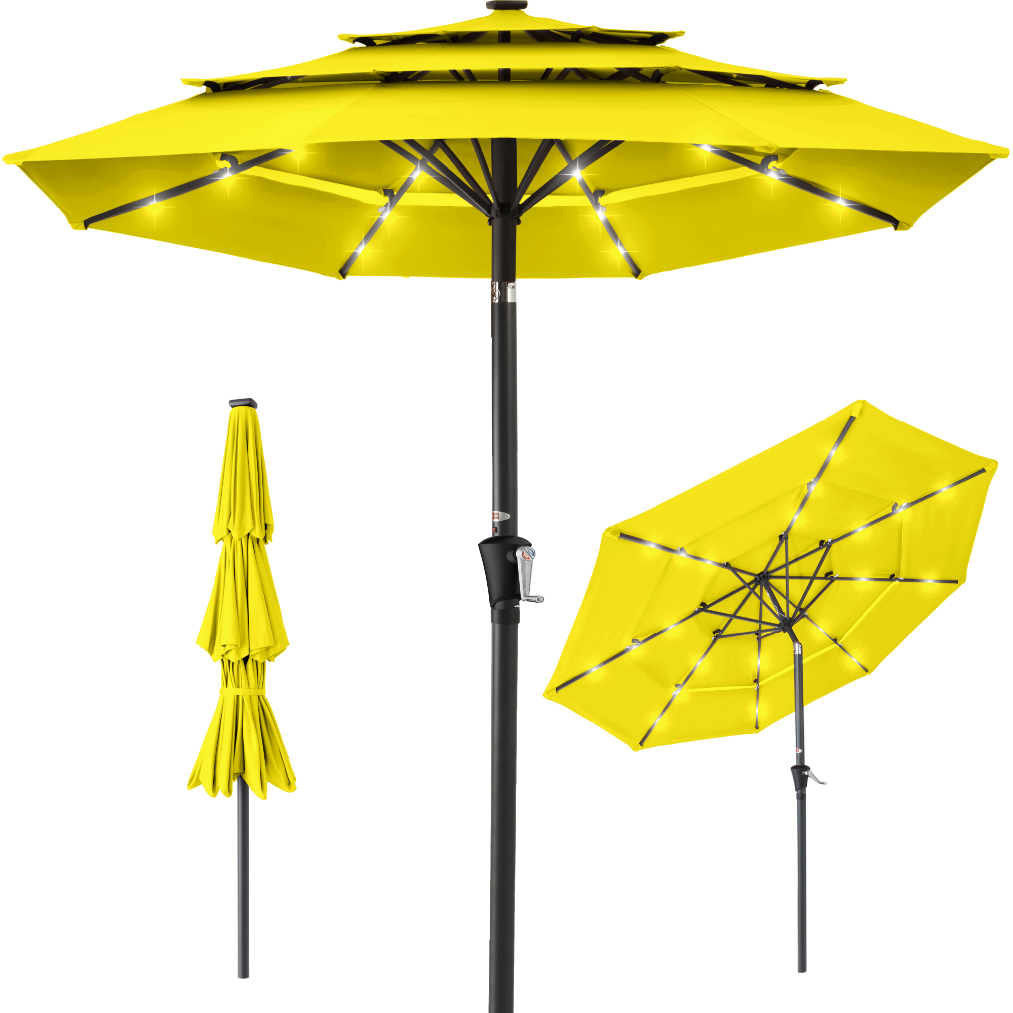 10ft 3-Tier Solar Patio Umbrella w/ 24 LED Lights, Tilt Adjustment, Easy Crank - Yellow - Best Choice Products Online
