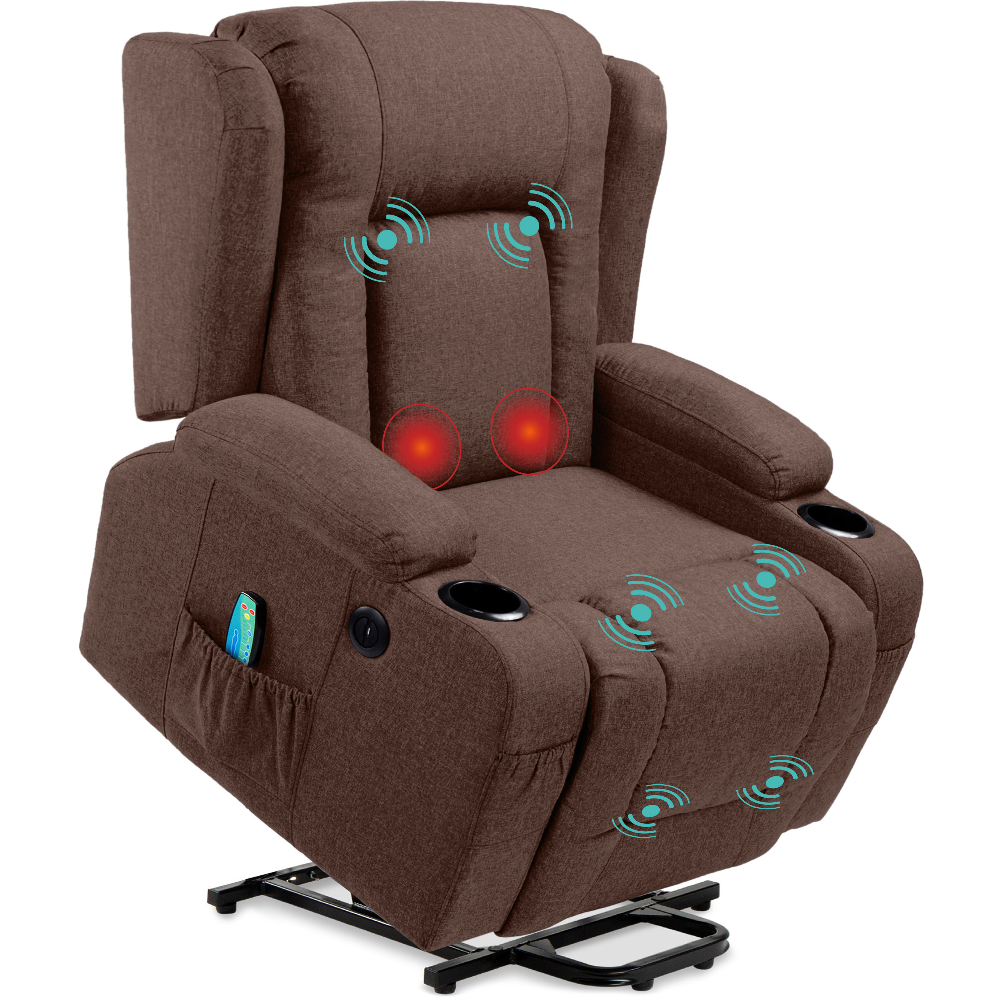 Electric Power Lift Linen Recliner Massage Chair Furniture w/ USB Port, Heat, Cupholders - Brown - Best Choice Products Online