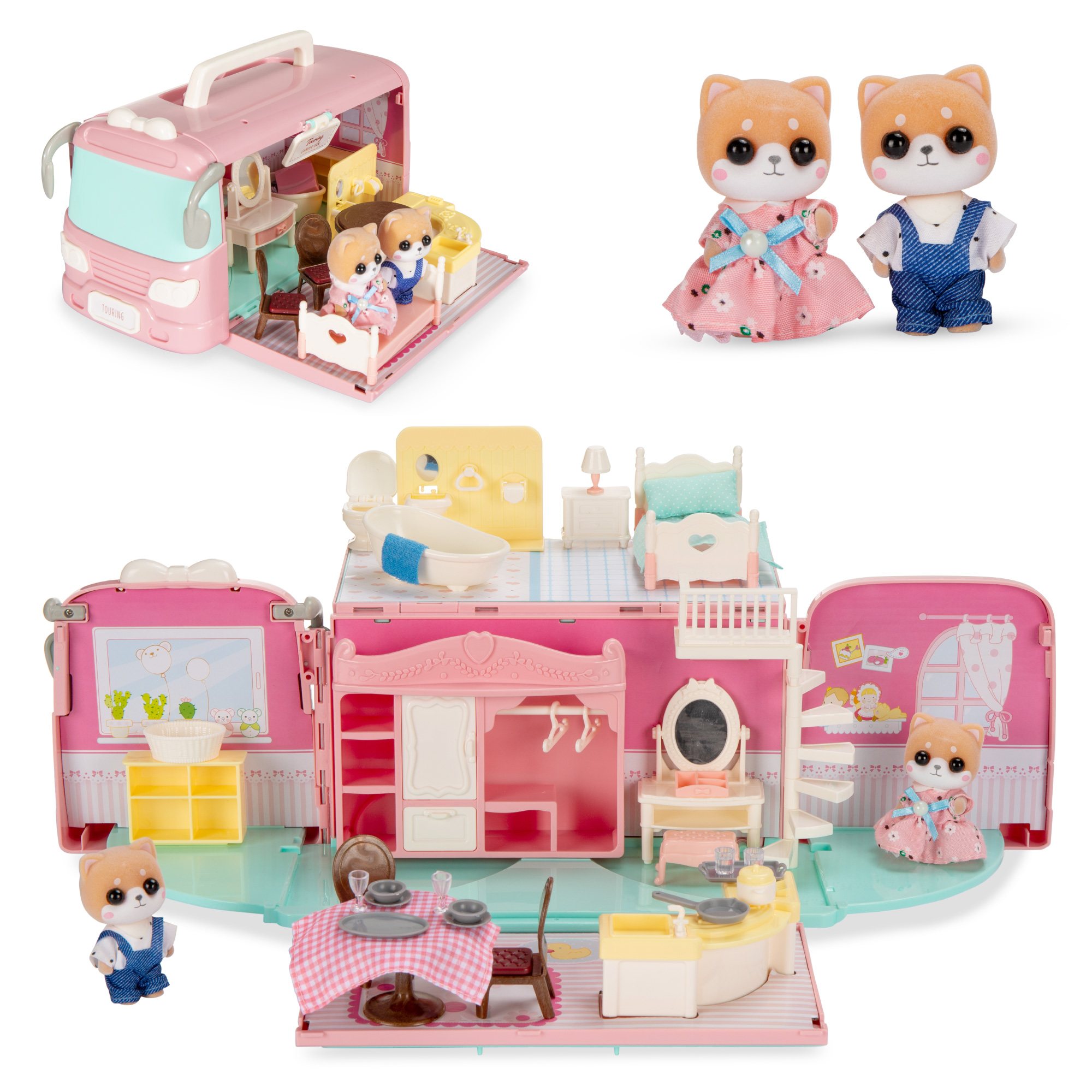 Tiny Critter Dollhouse Camper Van Portable Playset Pretend Play Toy with 54 Accessories for Kids