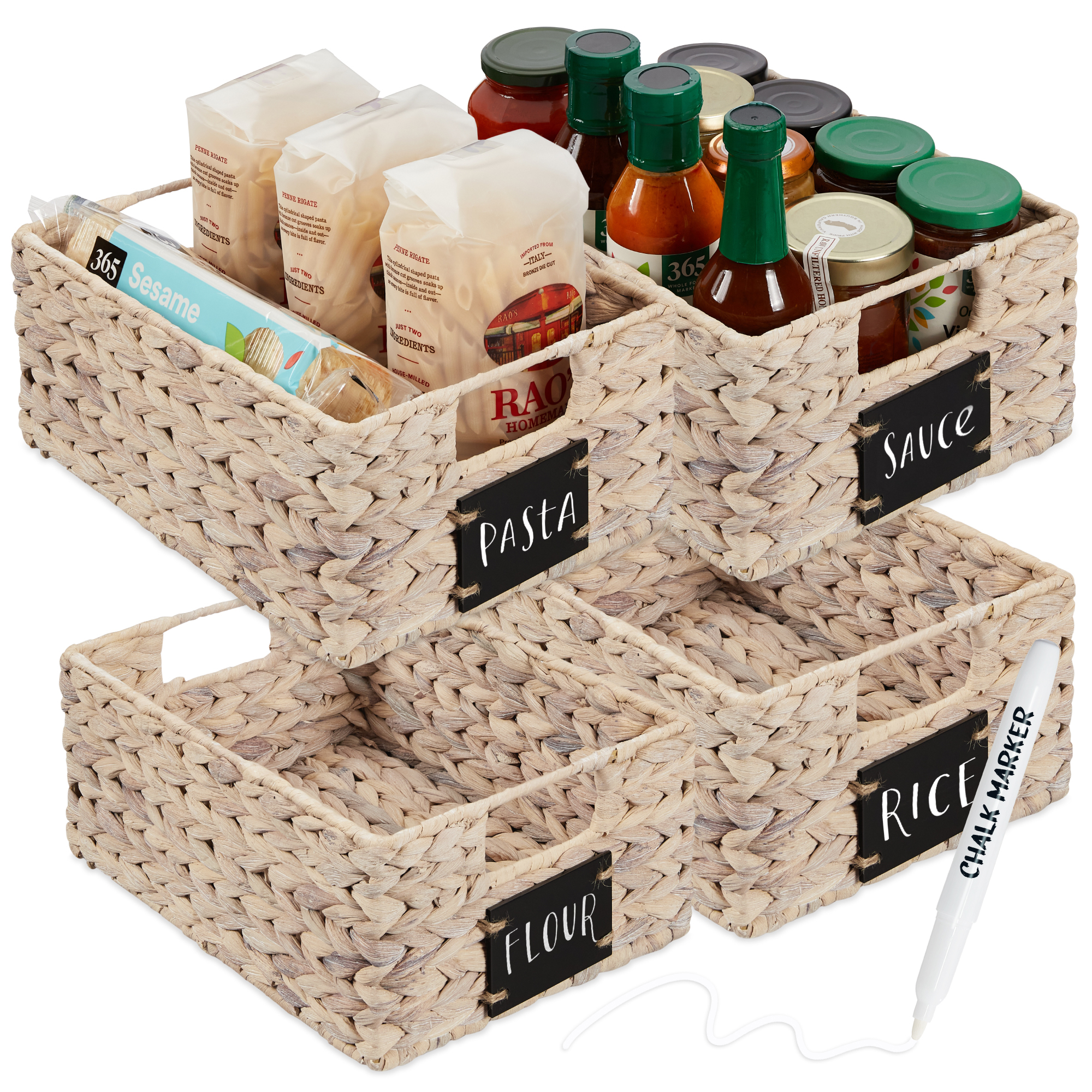 4 Woven Water Hyacinth Pantry Baskets w/ Chalkboard Label, Chalk Marker, 12in - White - Best Choice Products Online