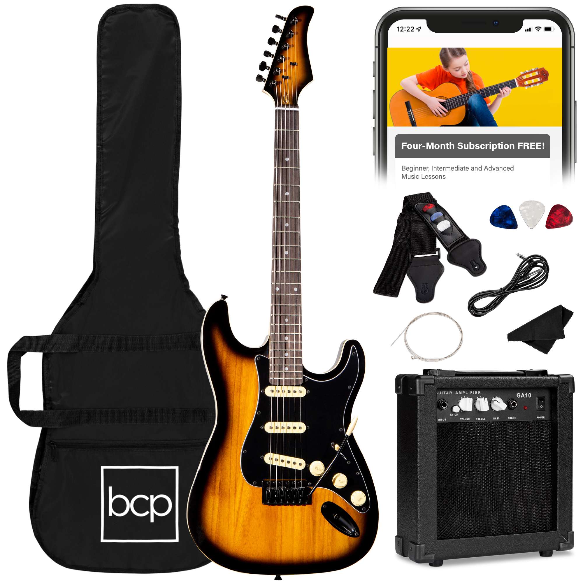 39in Full Size Beginner Electric Guitar Kit w/ Case, Strap, Amp, Whammy Bar - Sunburst - Best Choice Products Online