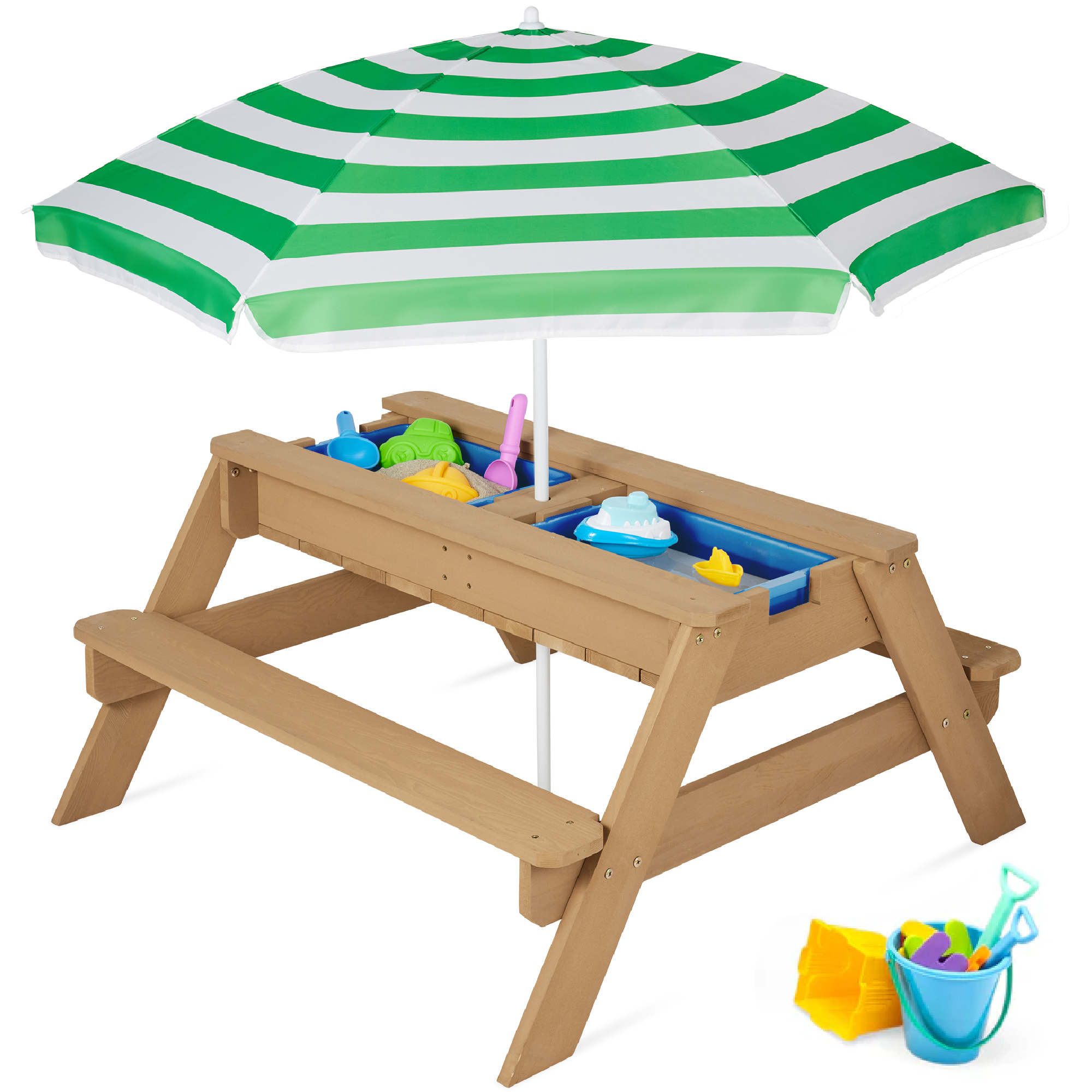Kids 3-in-1 Outdoor Convertible Wood Activity Sand & Water Picnic Table w/ Umbrella - Green - Best Choice Products Online