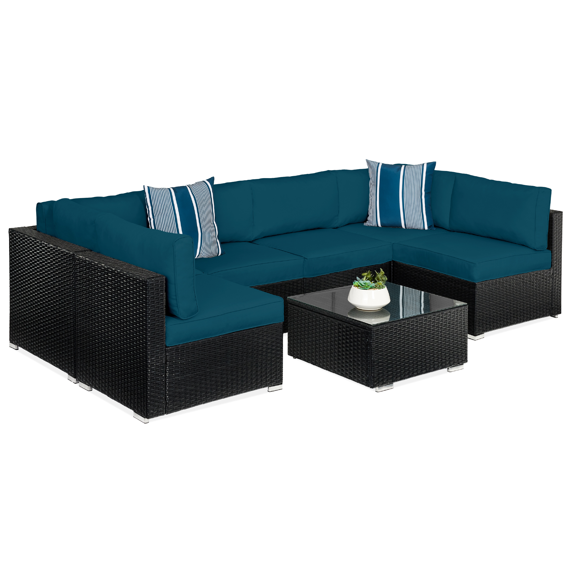 7pc Modular Wicker Sectional Sofas & Glass Top Table Outdoor Patio Furniture Set w/ 2 Pillows, Cover - Black/Peacock - Best Choice Products Online