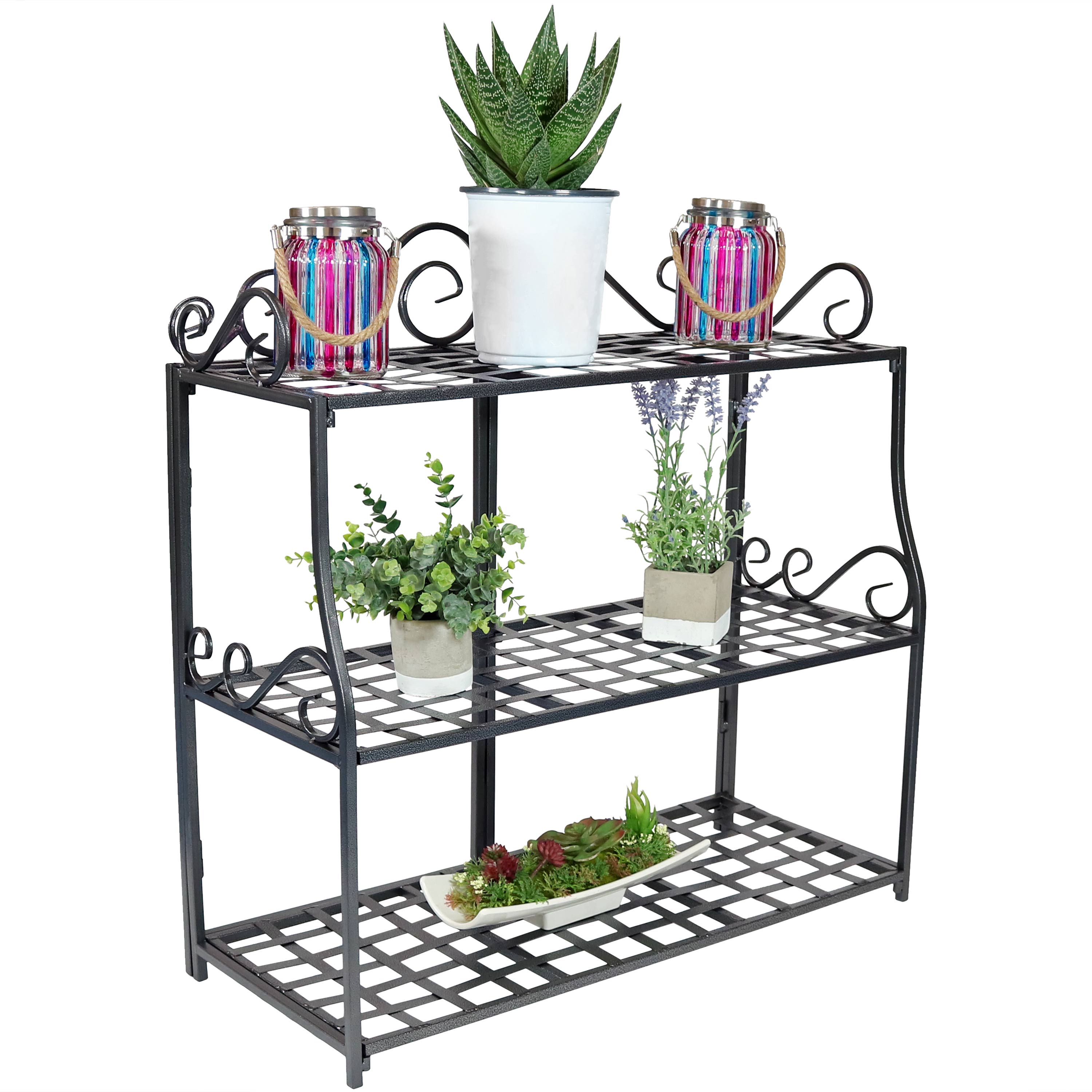 Sunnydaze 3-Tier Metal Iron Plant Stand with Scroll Edging