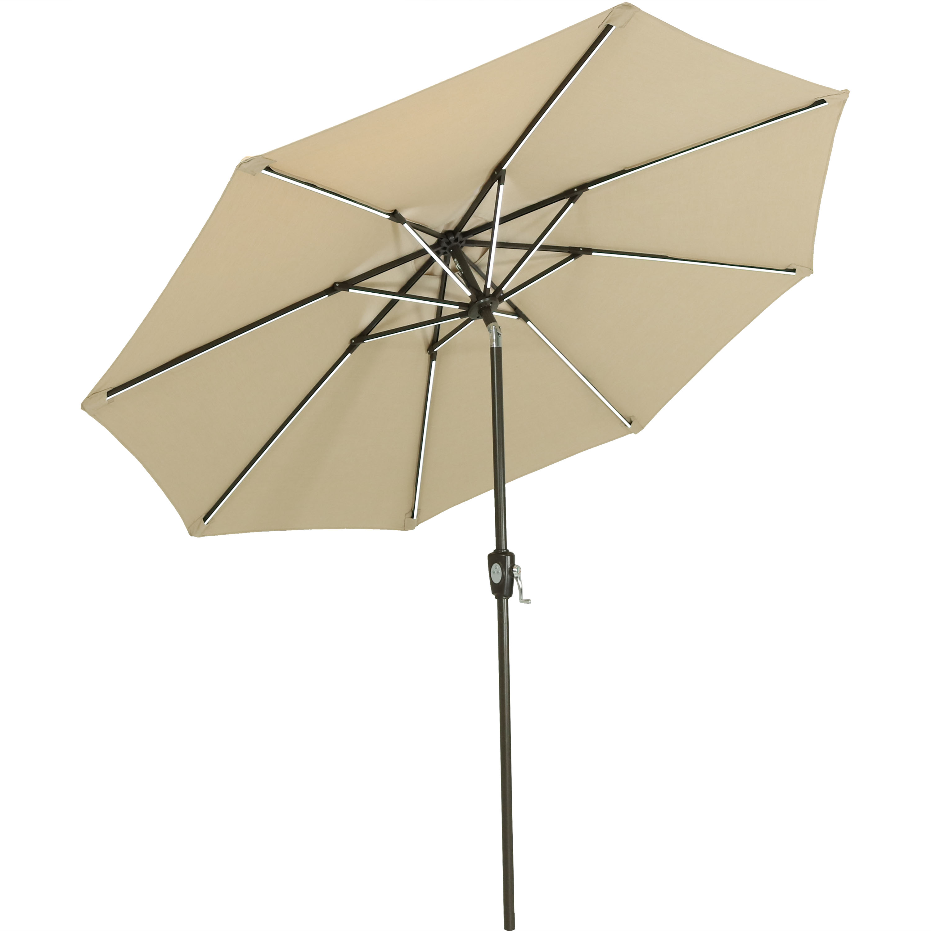 Sunnydaze 9-Foot Solar Powered Sunbrella Market Umbrella with Push-Button Tilt and Crank and LED Light Bars, Beige