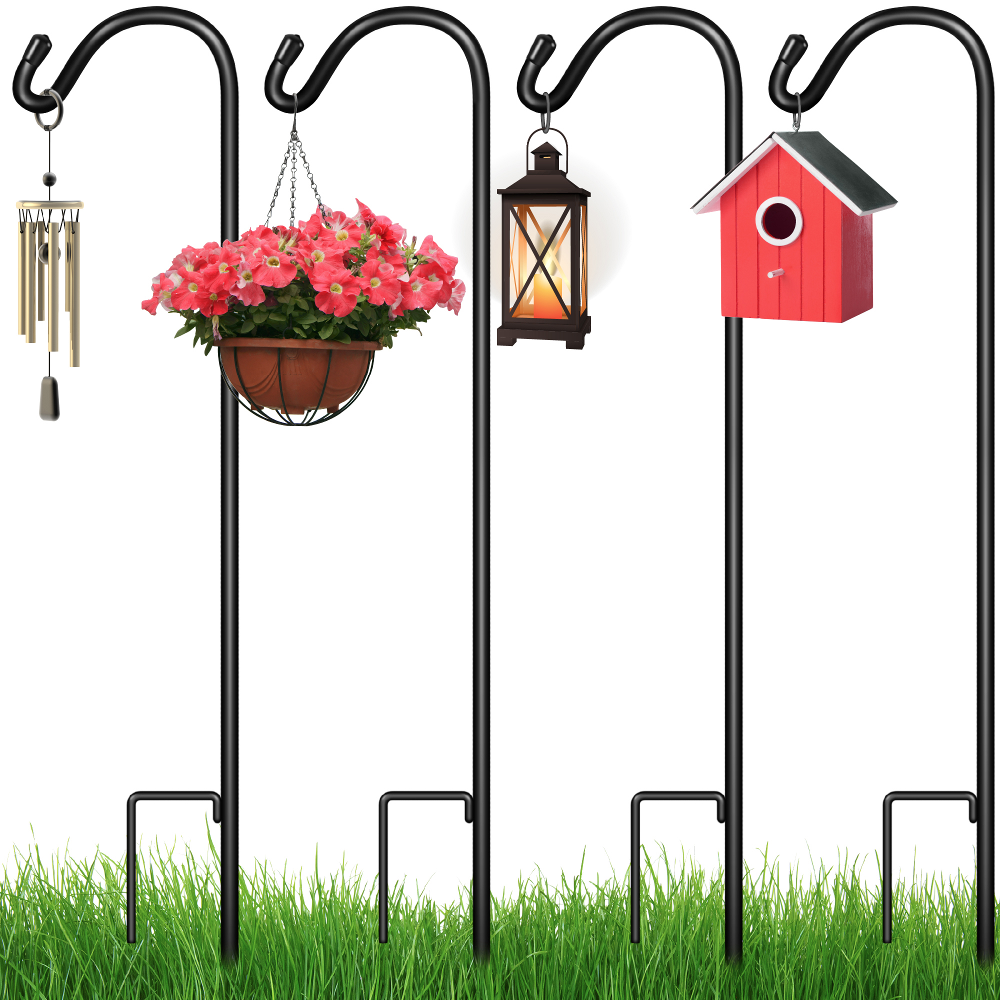 Shepherds Hooks 4-Set, 65in Outdoor Metal Adjustable Garden Hooks w/ 2-Prong Base â?? Black | Best Choice Products Online