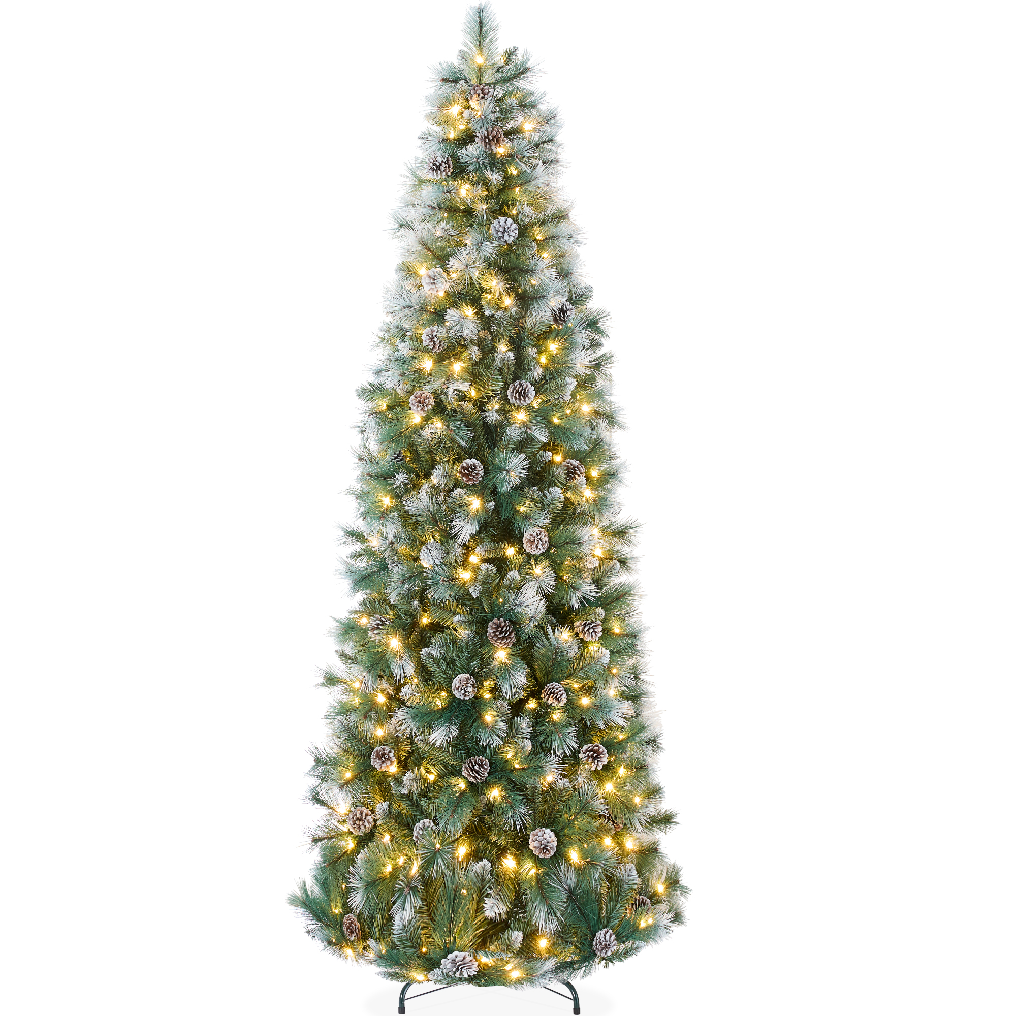 6ft Frosted Pre-Lit Artificial Scotch Pine Pencil Christmas Tree w/ 150 LED Lights, Metal Stand - Best Choice Products Online