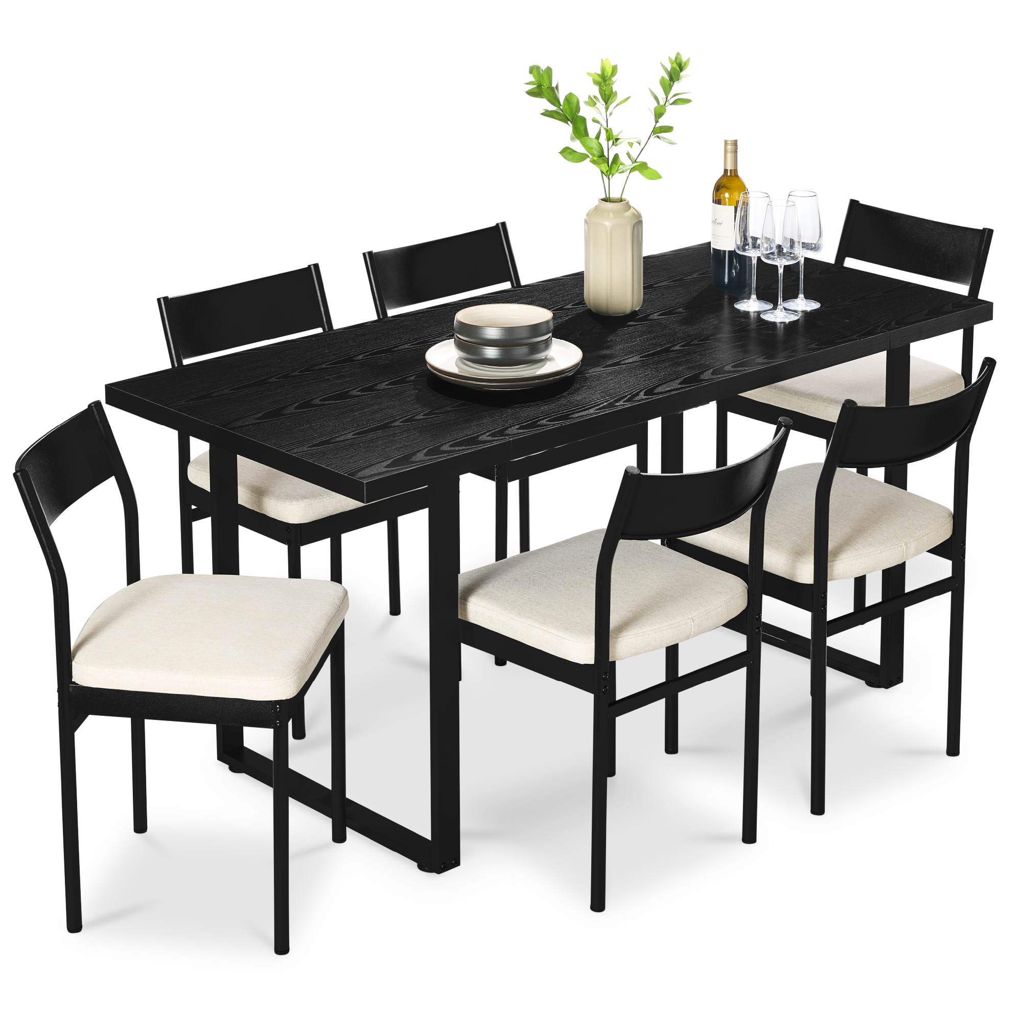 7-Piece Modern Dining Set, Kitchen Table w/ 6 Cushioned Chairs, Metal Frame - Black/Ivory - Best Choice Products Online
