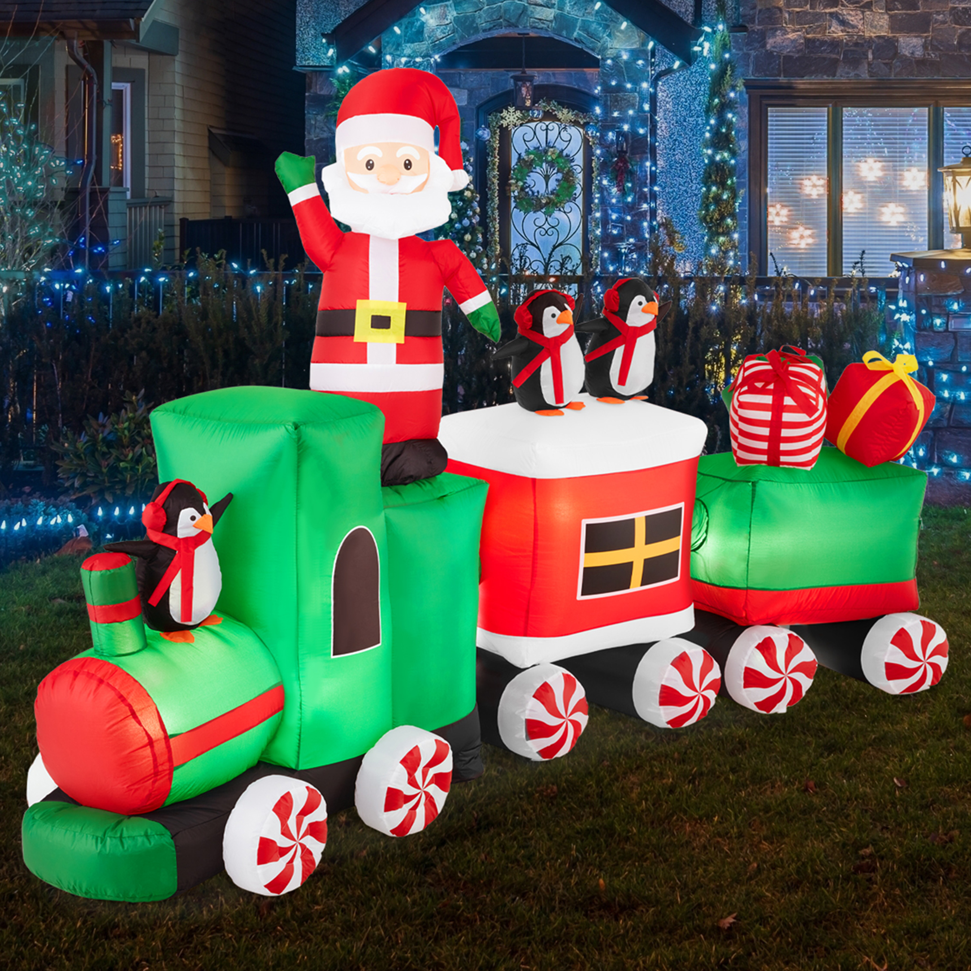 Pre-Lit Inflatable Christmas Train & Animated Santa Claus w/ 10 LED Lights, Ground Stakes - 8.5x5ft - Best Choice Products Online