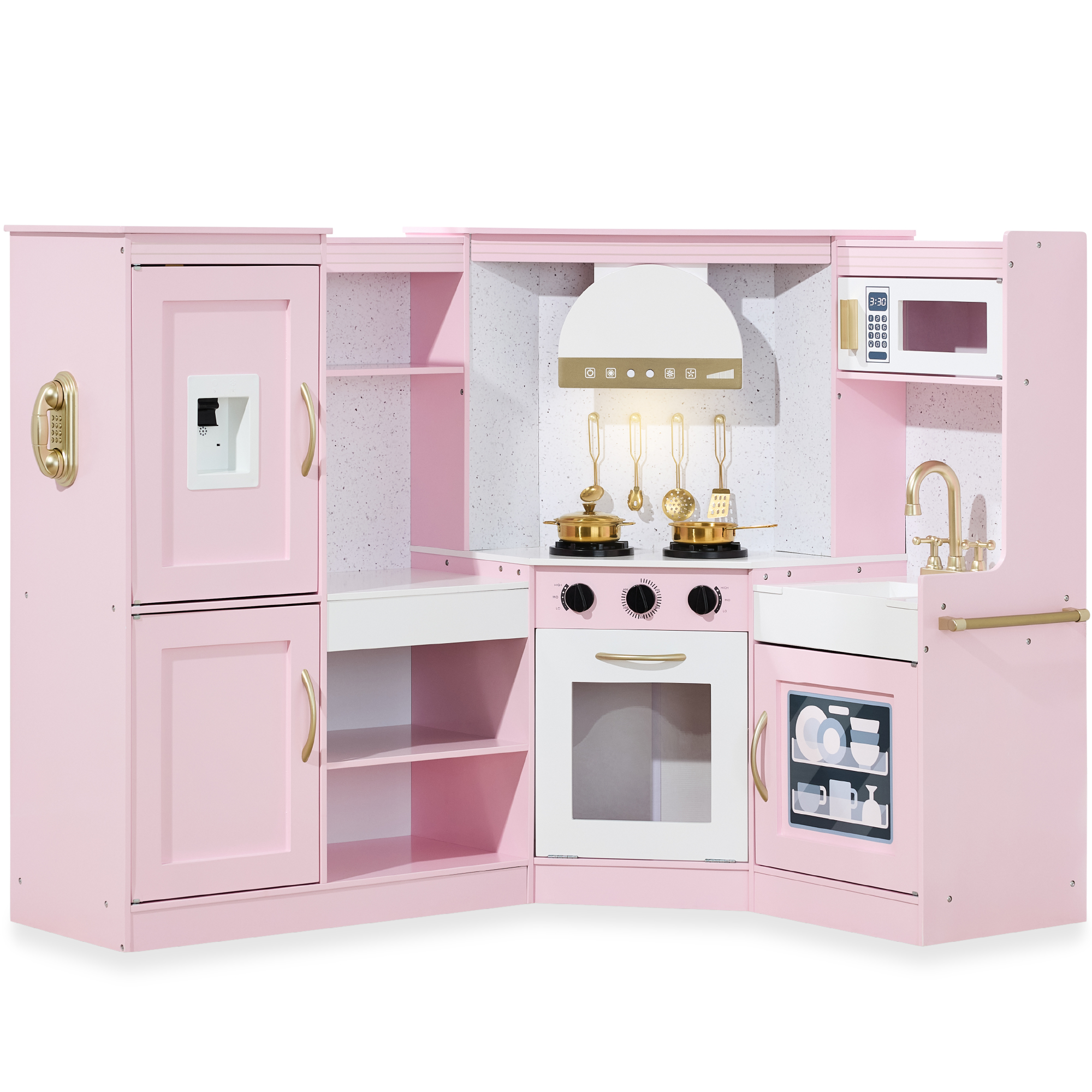 Pretend Play Corner Kitchen, Ultimate Wooden Toy Set For Kids w/ 6 Accessories - Bevel Pink - Best Choice Products Online