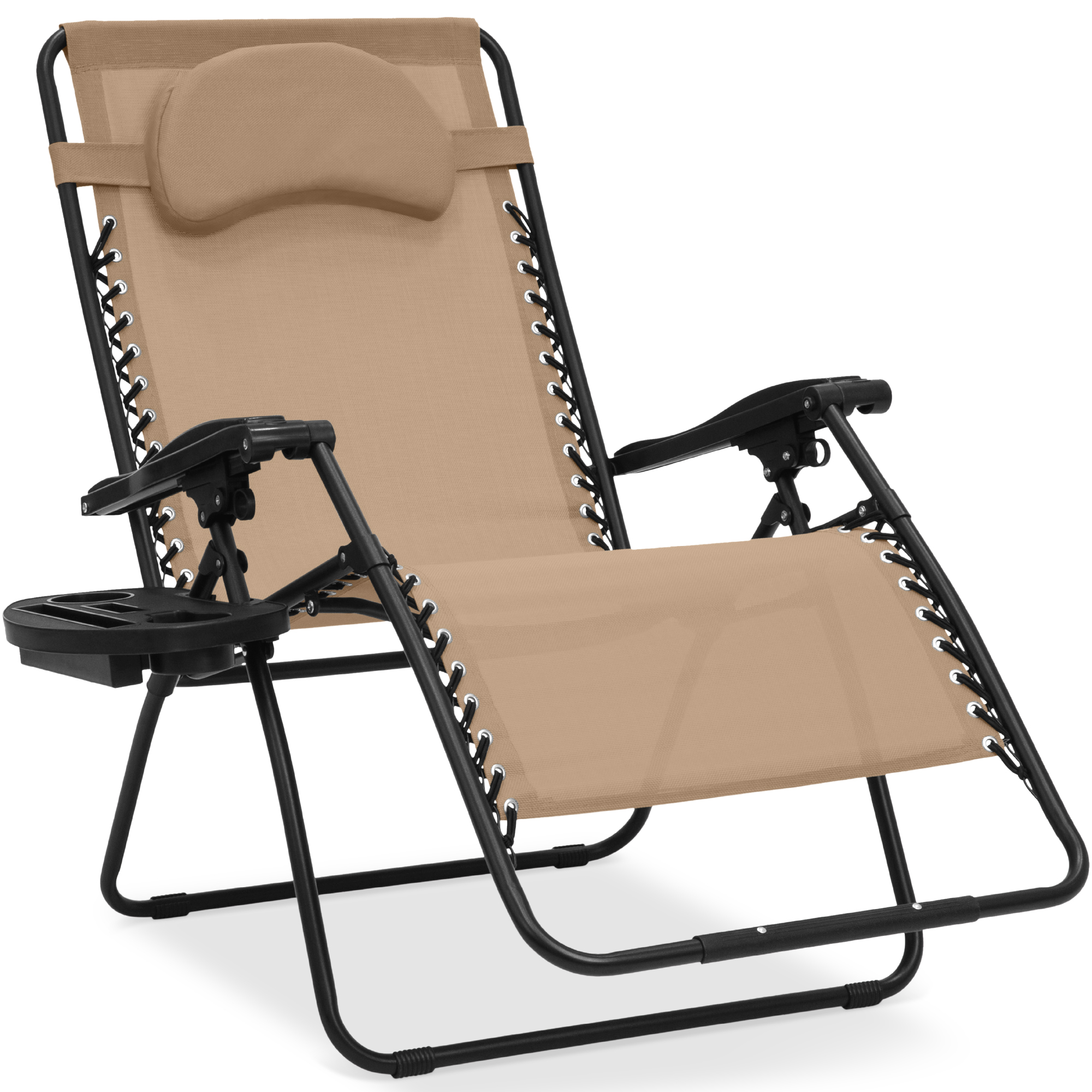 Oversized Zero Gravity Chair w/ Pillow, Cupholder, Folding Outdoor Lounge Recliner For Patio & Pool - Tan - Best Choice Products Online