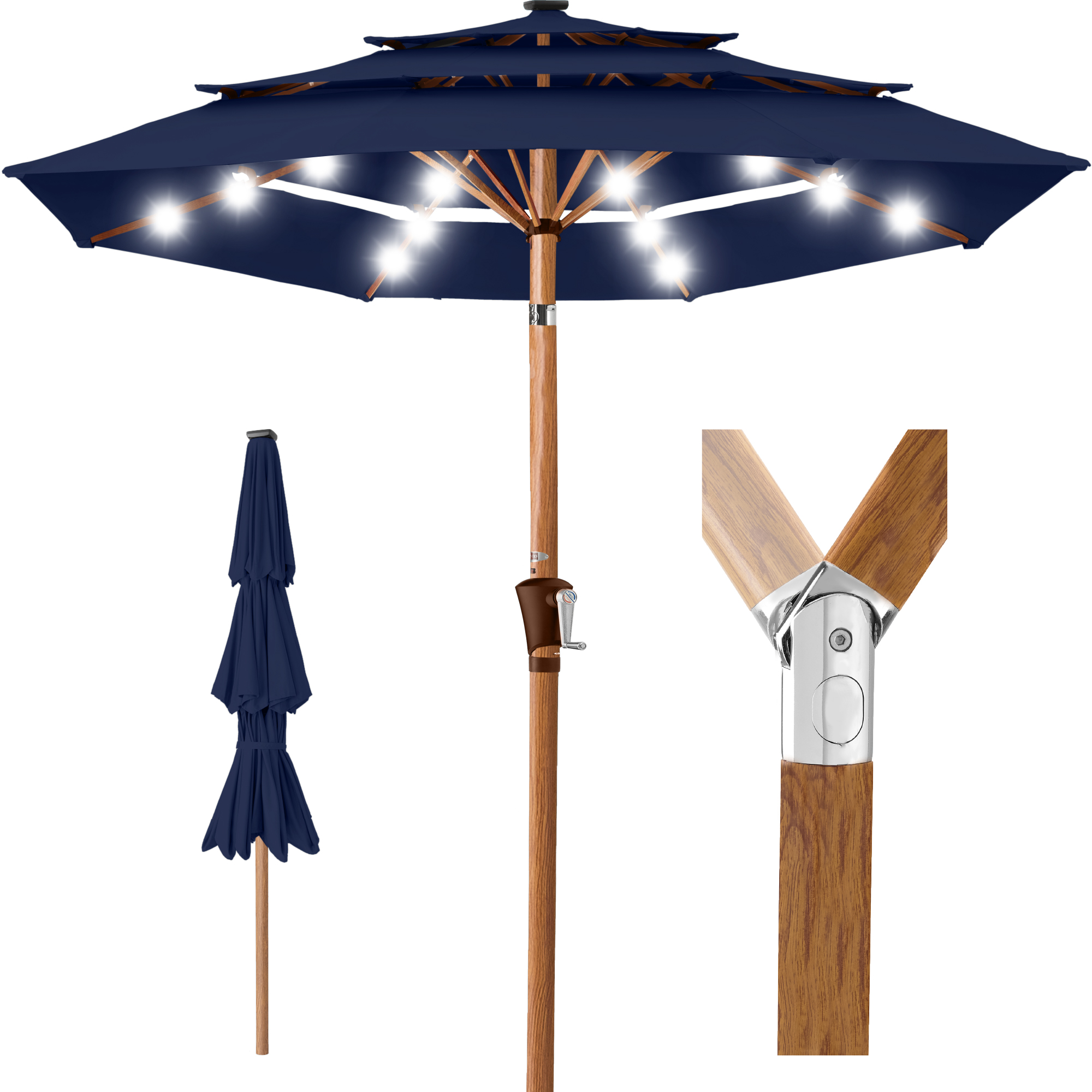10ft Woodgrain Pattern 3-Tier Solar Patio Umbrella w/ 24 LED Lights, Tilt - Navy Blue - Best Choice Products Online