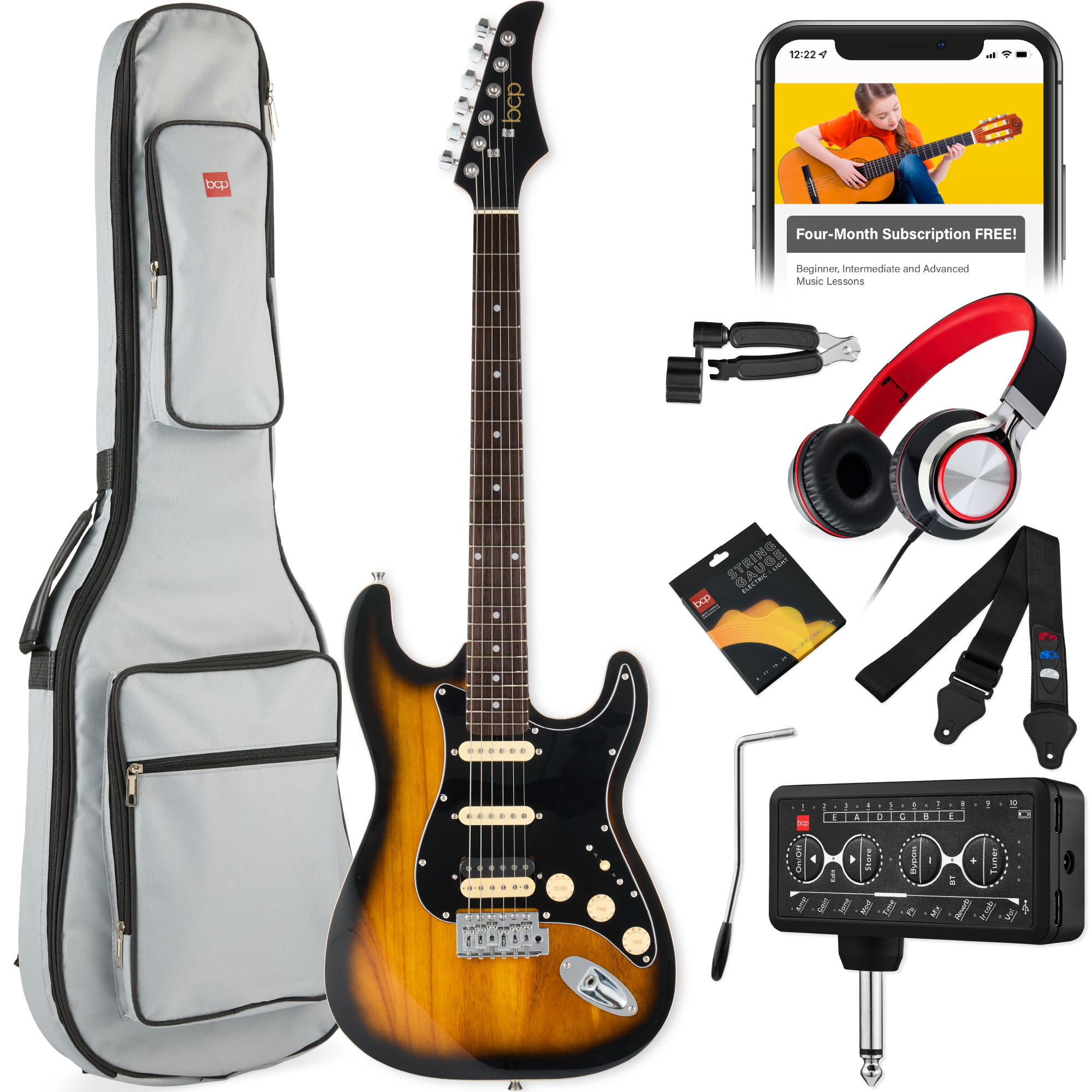 Beginner HSS Electric Guitar Kit w/ Headphone Amp, Gig-Bag, Headphones - Sunburst/Black - Best Choice Products Online