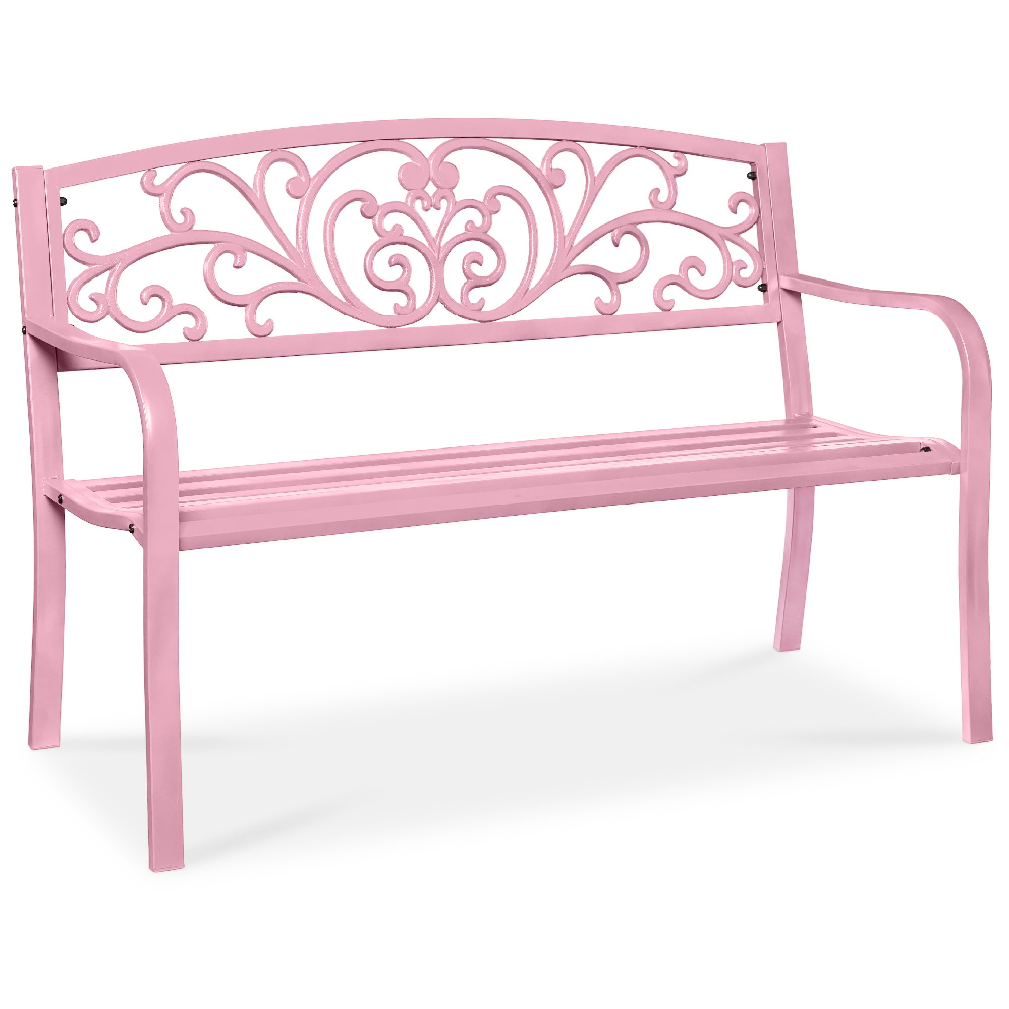 50in Outdoor Patio Garden Bench, Park Yard Furniture Porch Chair w/ Steel Frame, Slatted Seat, Floral Design - Pink - Best Choice Products