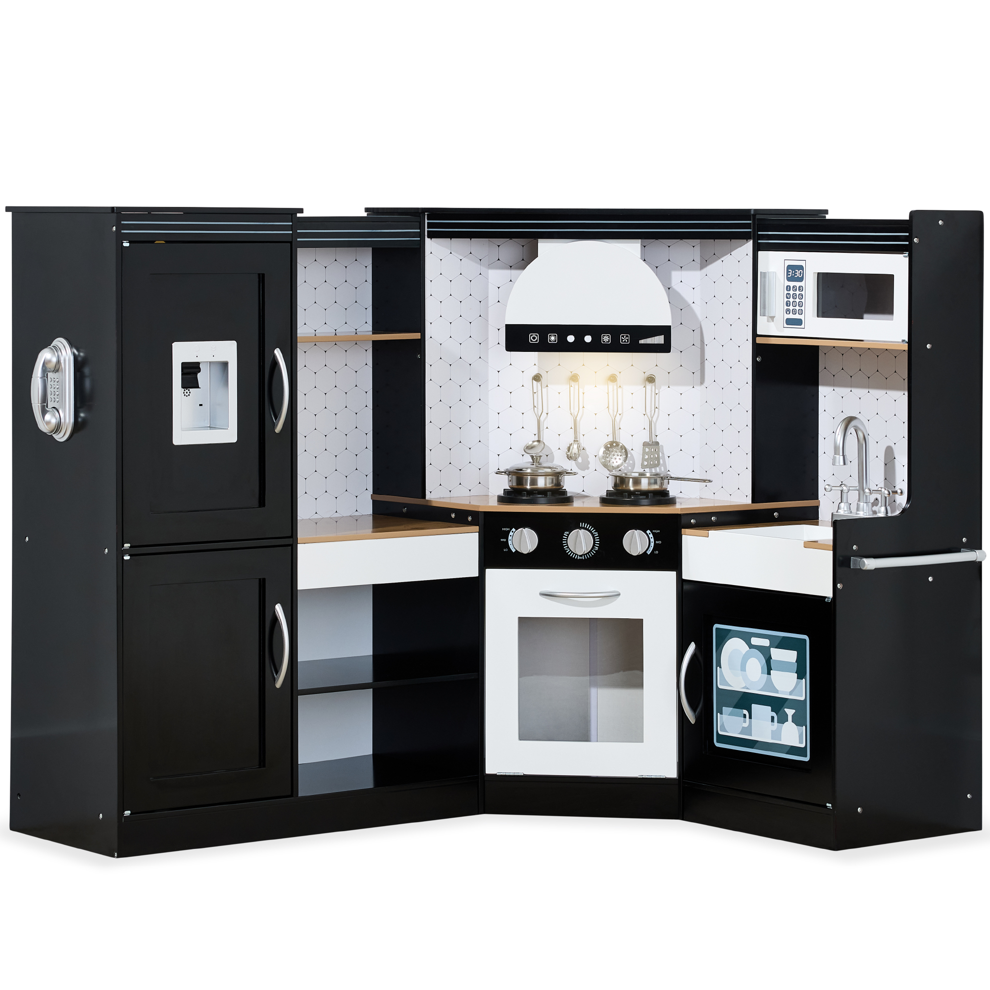 Pretend Play Corner Kitchen, Ultimate Wooden Toy Set For Kids w/ 6 Accessories - Black - Best Choice Products Online