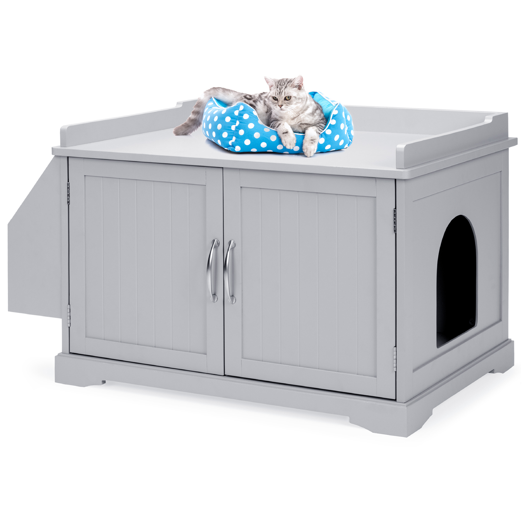 Large Wooden Cat Litter Box Enclosure, Storage Cabinet Bench Table w/ Magazine Rack - Gray | Best Choice Products Online