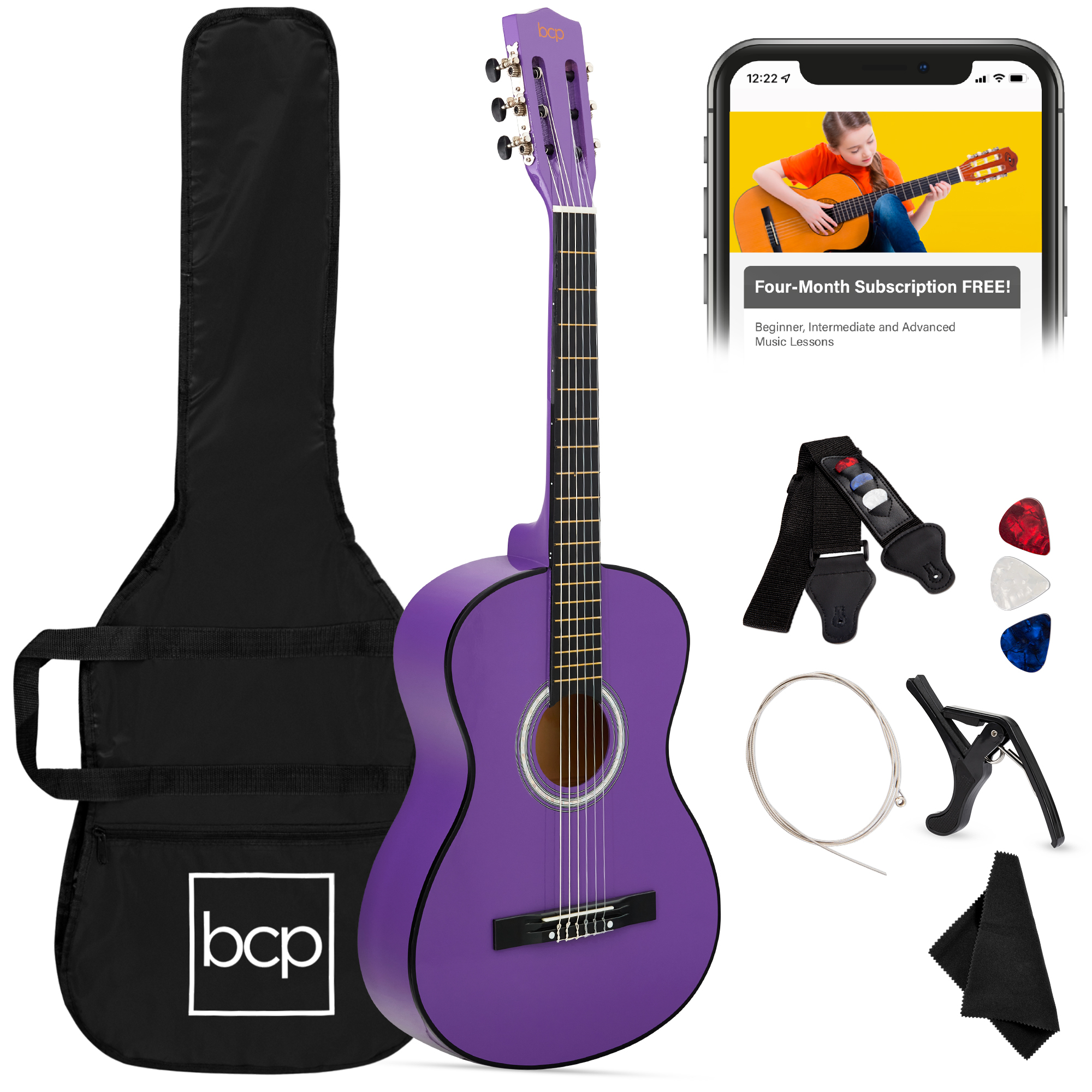 38in Beginner Acoustic Guitar Starter Kit w/ Case, Strap, Digital Tuner, Strings - Purple - Best Choice Products Online
