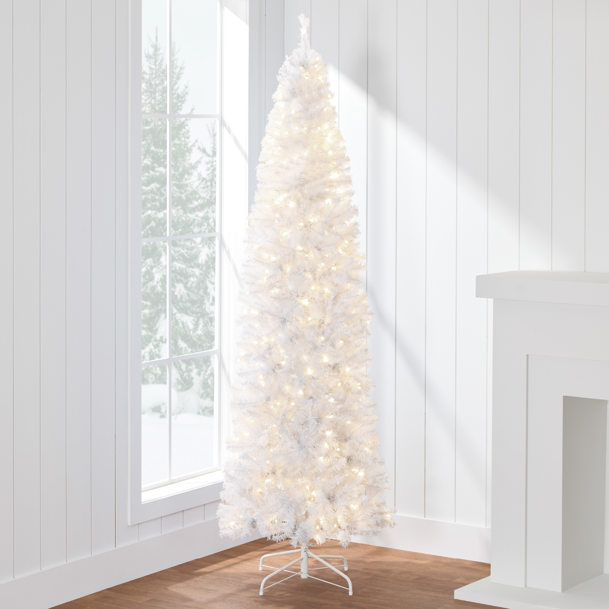 9ft Pre-Lit White Pencil Christmas Tree w/ Foldable Base, 500 Incandescent Lights - Best Choice Products Online