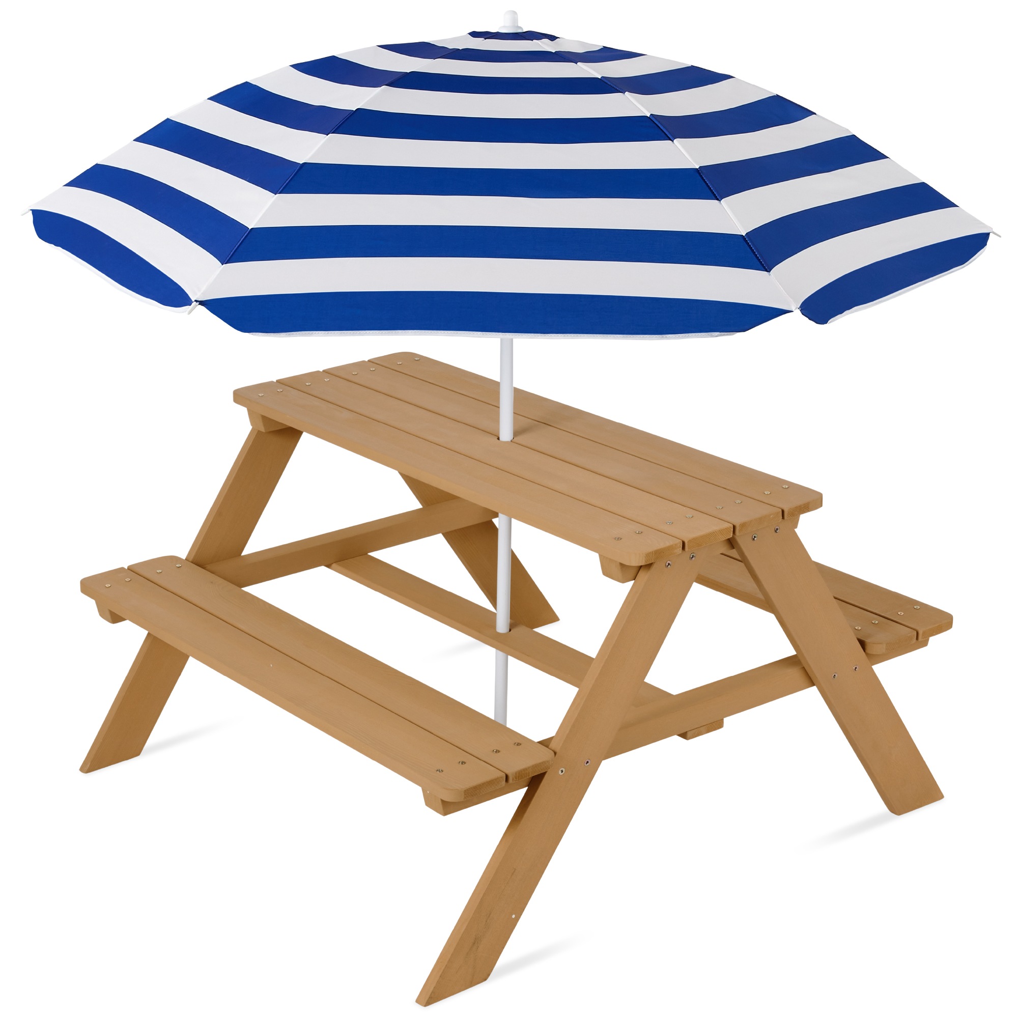 Kids Wooden Picnic Table, Outdoor Activity Table & Bench w/ Adjustable Umbrella - Natural/Navy - Best Choice Products Online
