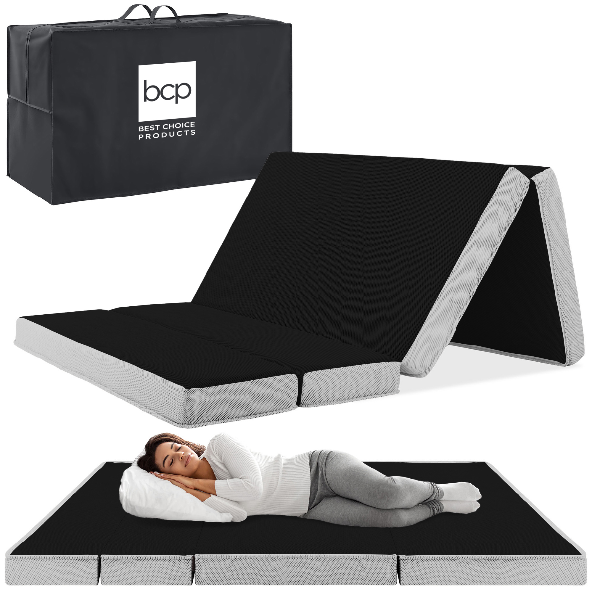 4in Thick Folding Portable Queen Mattress Topper w/ Carry Case, Washable Cover - Onyx Black - Best Choice Products Online
