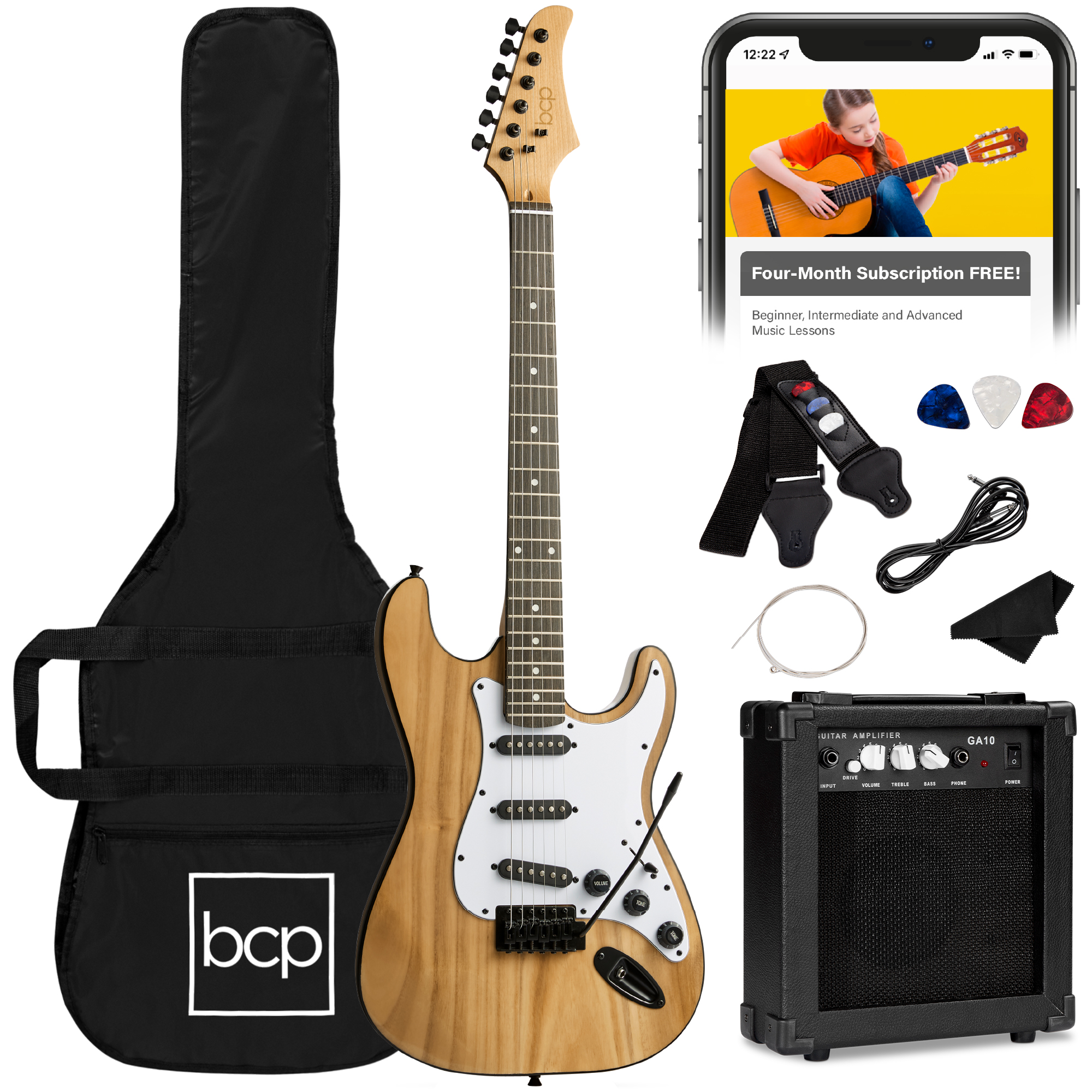 39in Full Size Beginner Electric Guitar Kit w/ Case, Strap, Amp, Whammy Bar - Natural - Best Choice Products Online