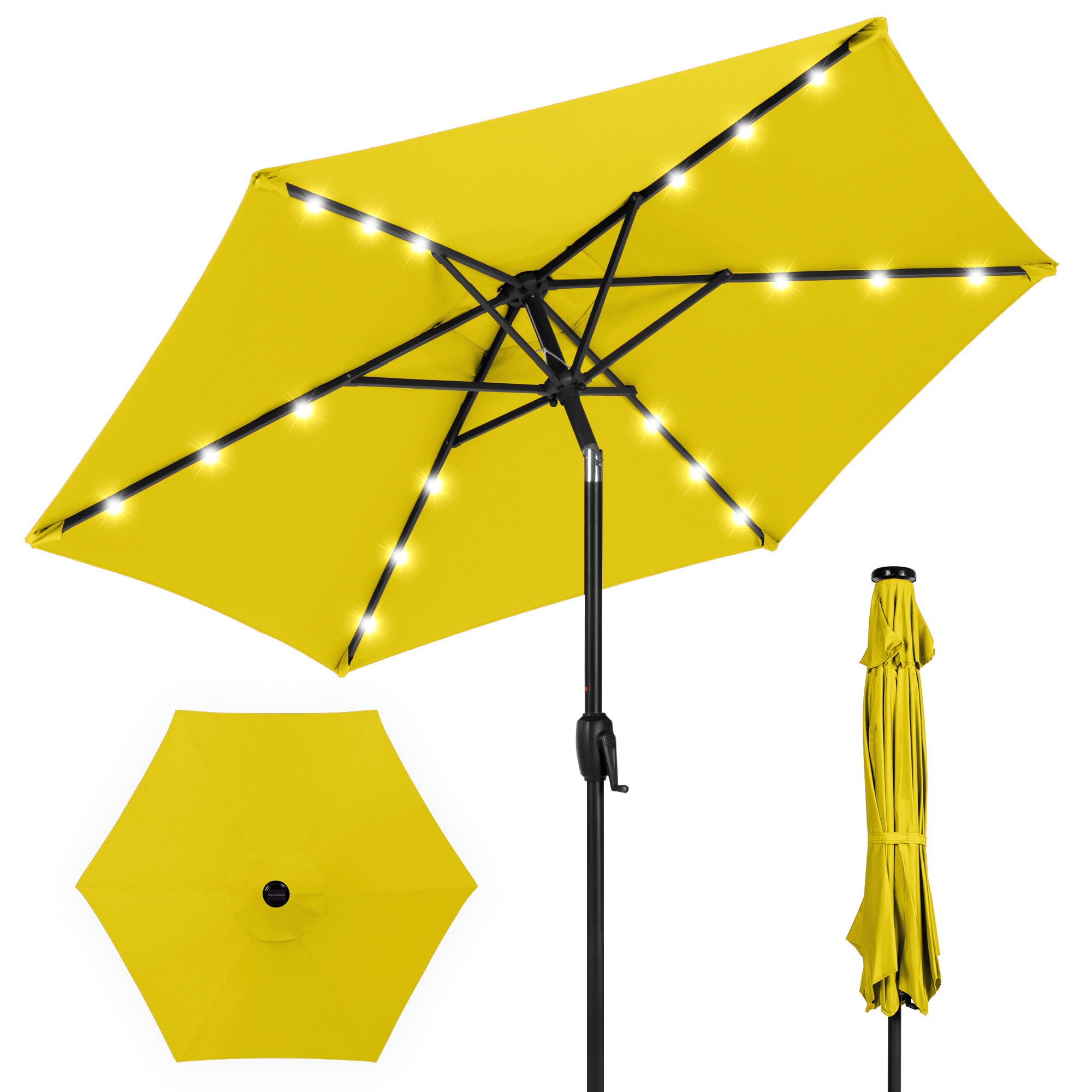 7.5ft Patio Umbrella w/ Solar LED Lights For Deck, Pool w/ Push Button Tilt & Easy Crank Lift - Yellow - Best Choice Products Online