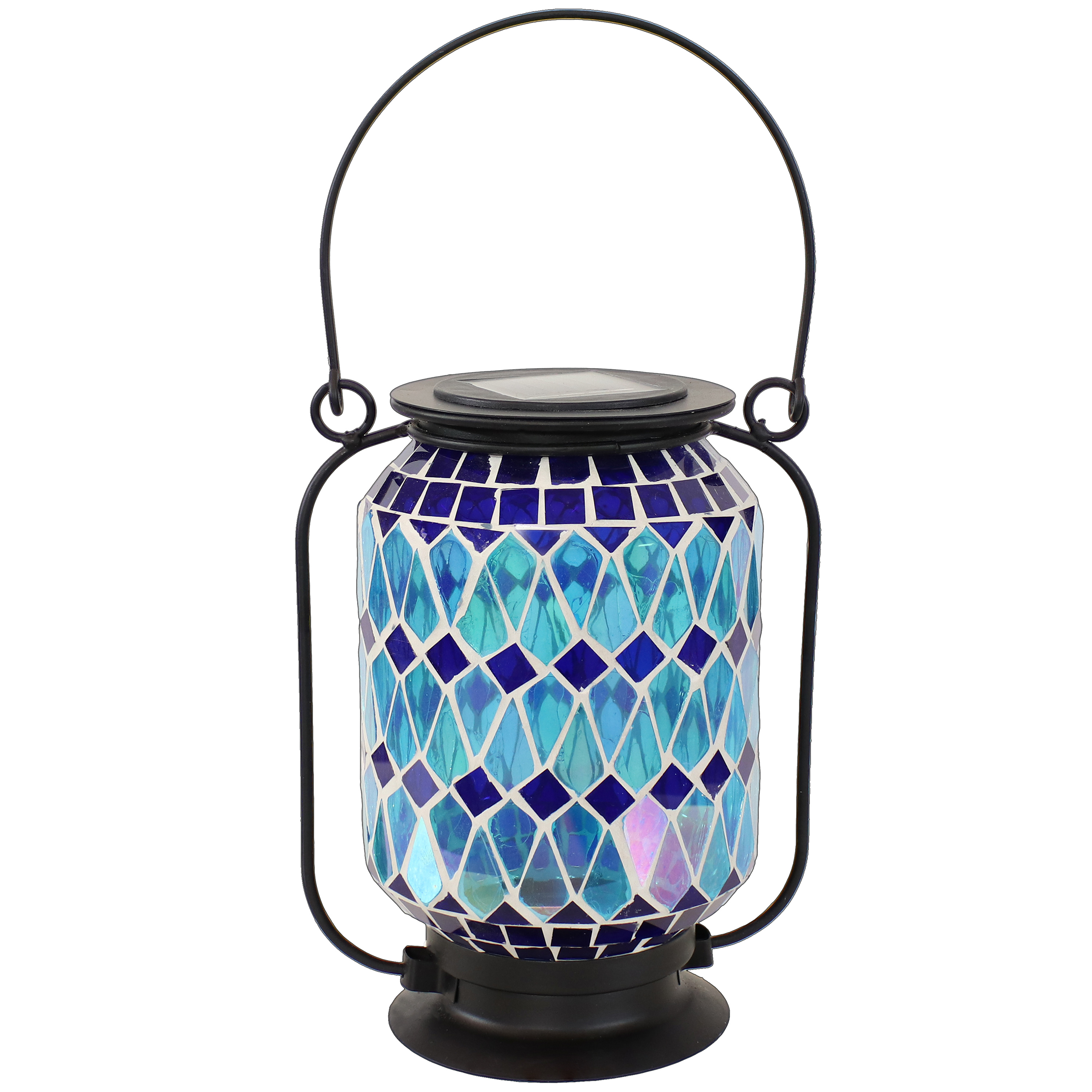 Sunnydaze Cool Blue Mosaic Glass Solar LED Lantern - Outdoor Decor - 8-Inch