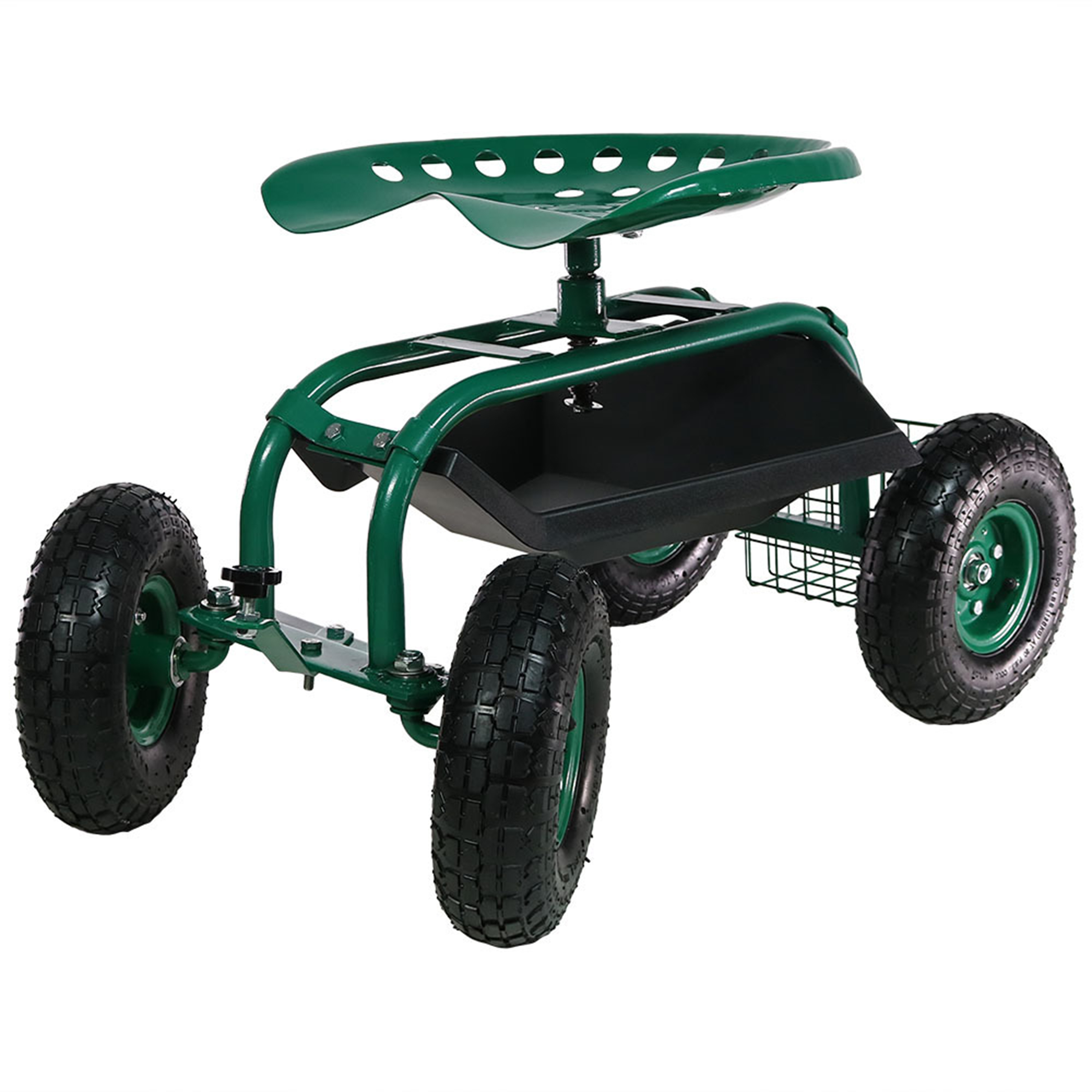 Sunnydaze Rolling Garden Cart with Work Seat, Basket, and Tray, Green