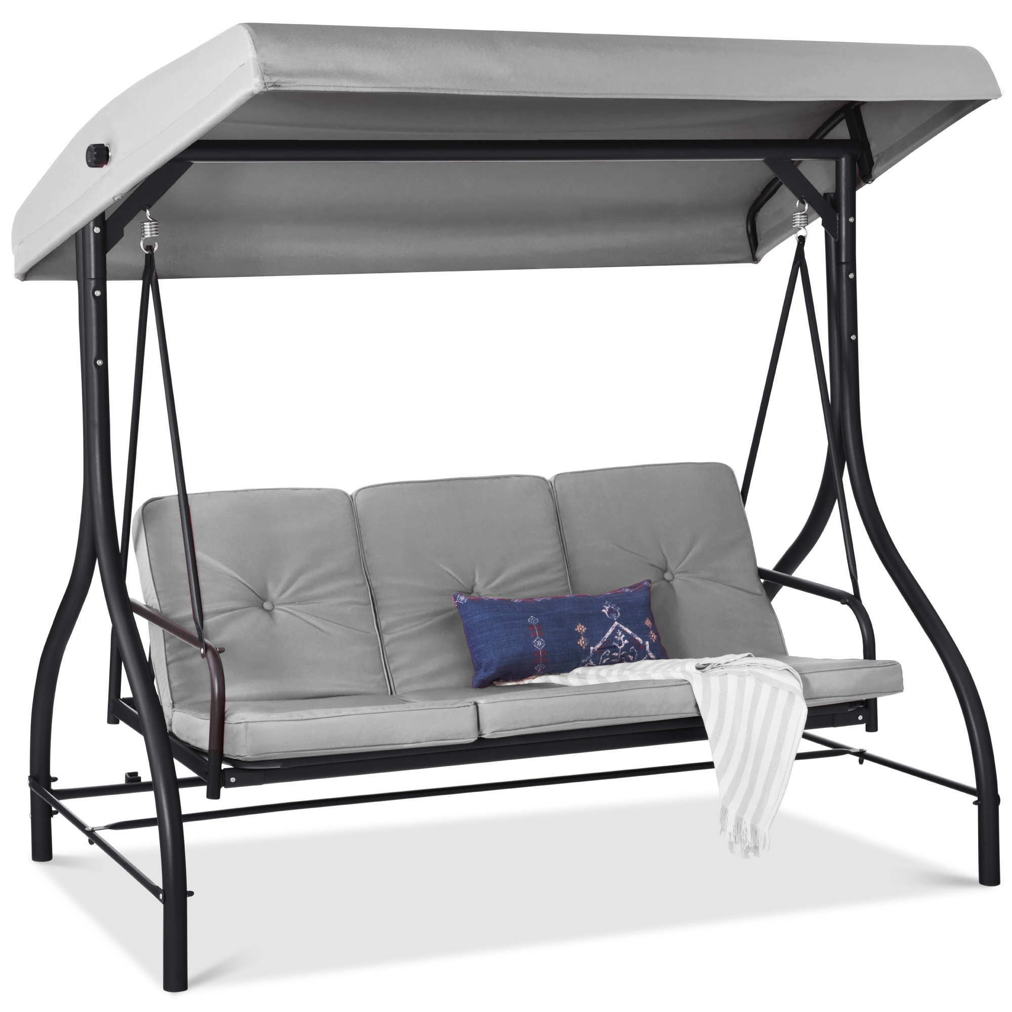 3-Seat Outdoor Canopy Swing Glider Patio Hammock w/ Converting Flatbed Backrest, Removable Cushions - Fog Gray - Best Choice Products Online