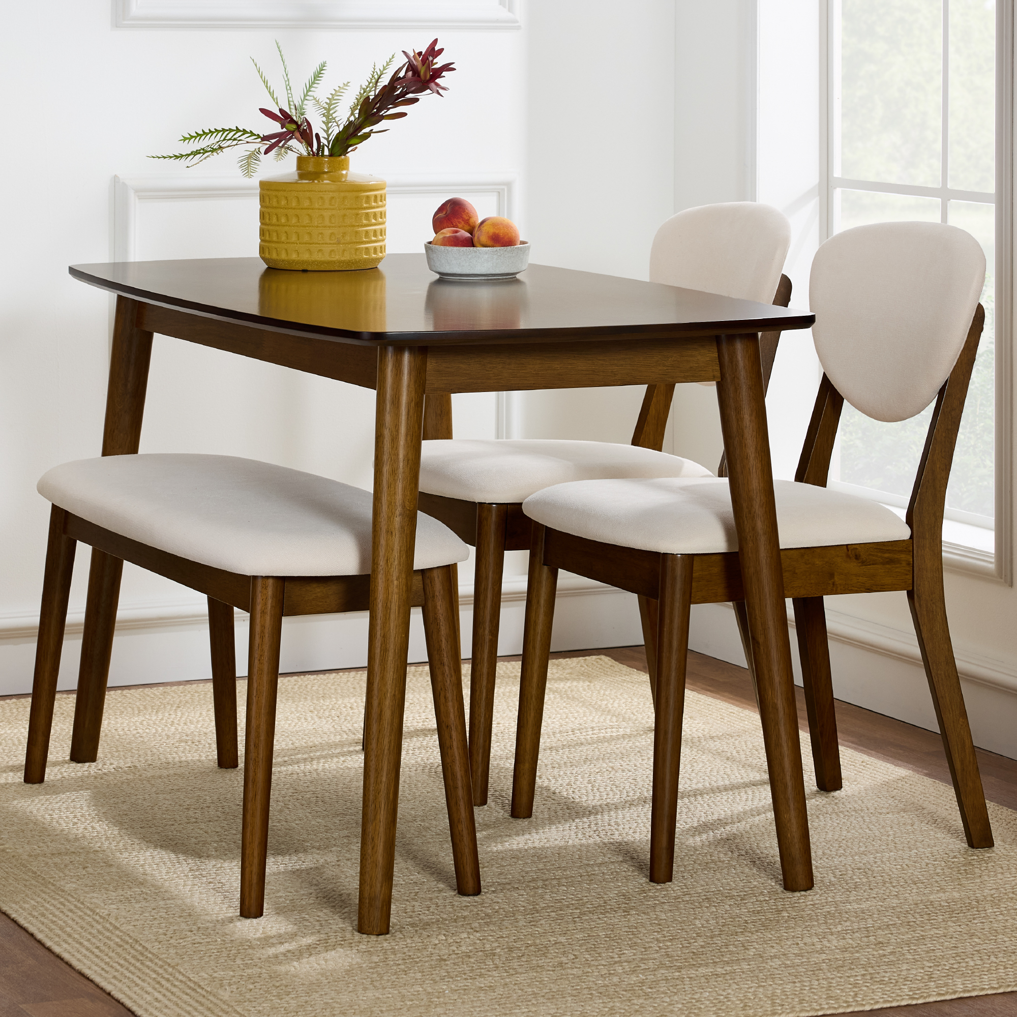 4-Piece Mid-Century Modern Upholstered Wooden Dining Set w/ 2 Chairs, Bench - Walnut/Cream - Best Choice Products Online