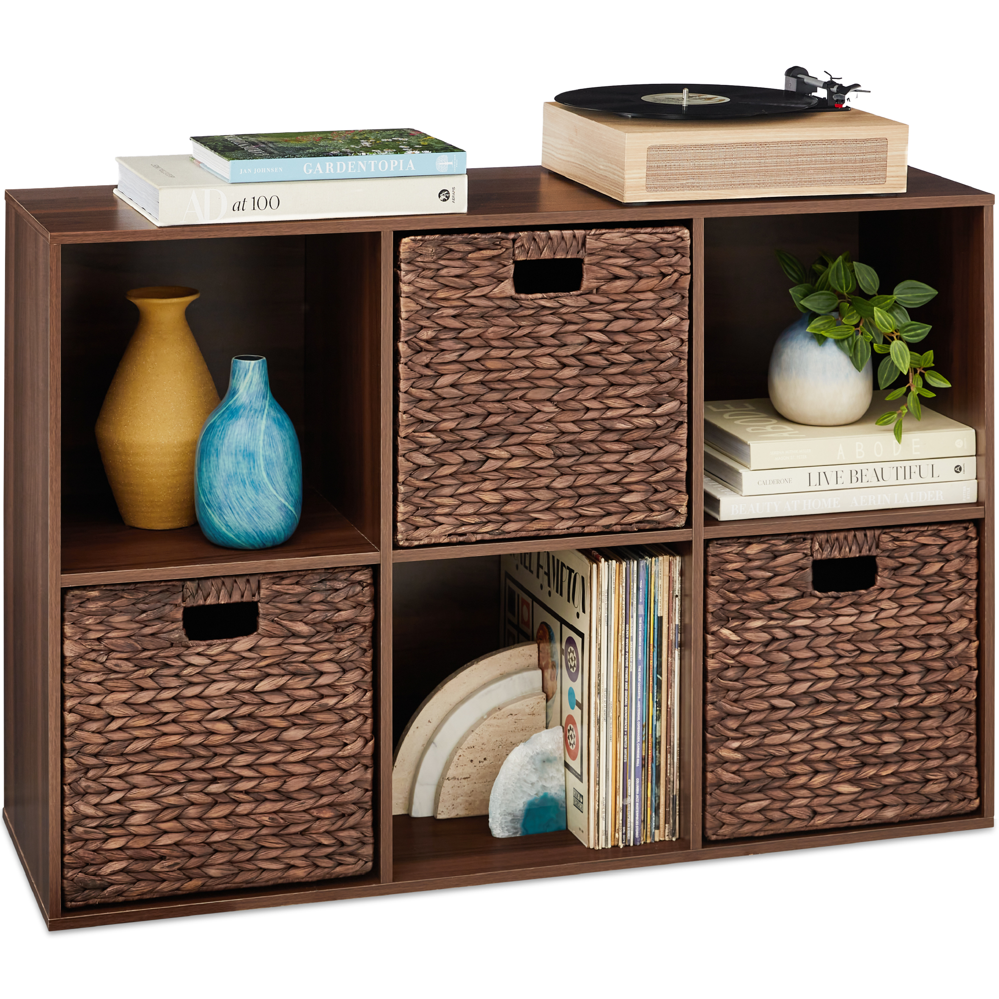 6-Cube Bookshelf, 13.5in Display Storage System, Organizer w/ Removable Back Panels - Walnut - Best Choice Products Online