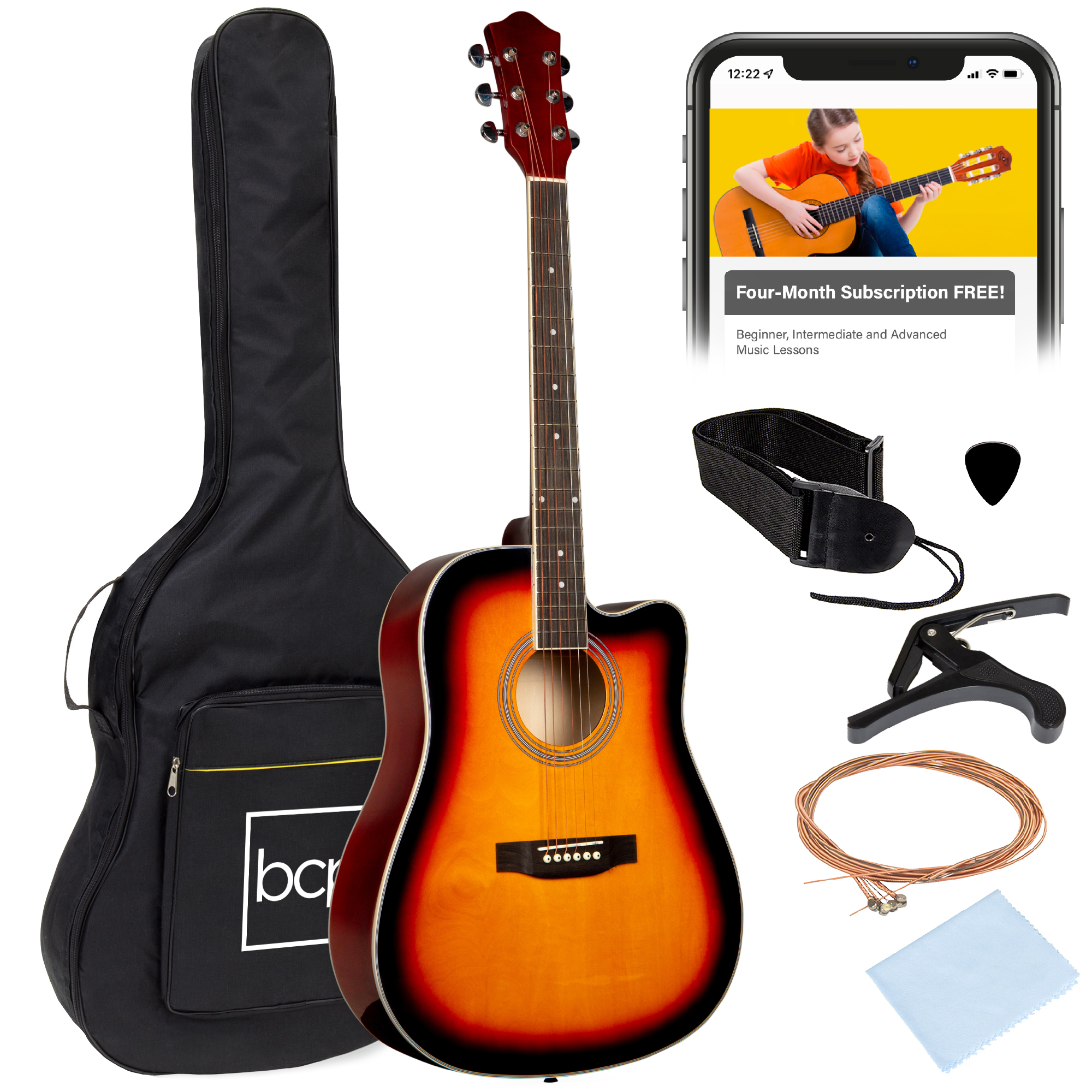 41in Full Size Beginner Acoustic Guitar Set w/ Case, Strap, Capo, Strings, Pick, Tuner - Sunburst - Best Choice Products Online