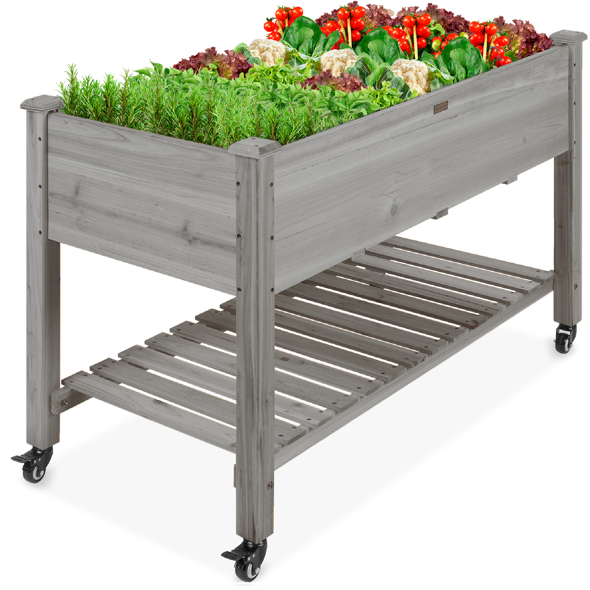 Mobile Elevated Raised Garden Bed Wood Planter Box w/ Lockable Wheels, Storage Shelf, Liner, 48x24x32in - Gray - Best Choice Products Online