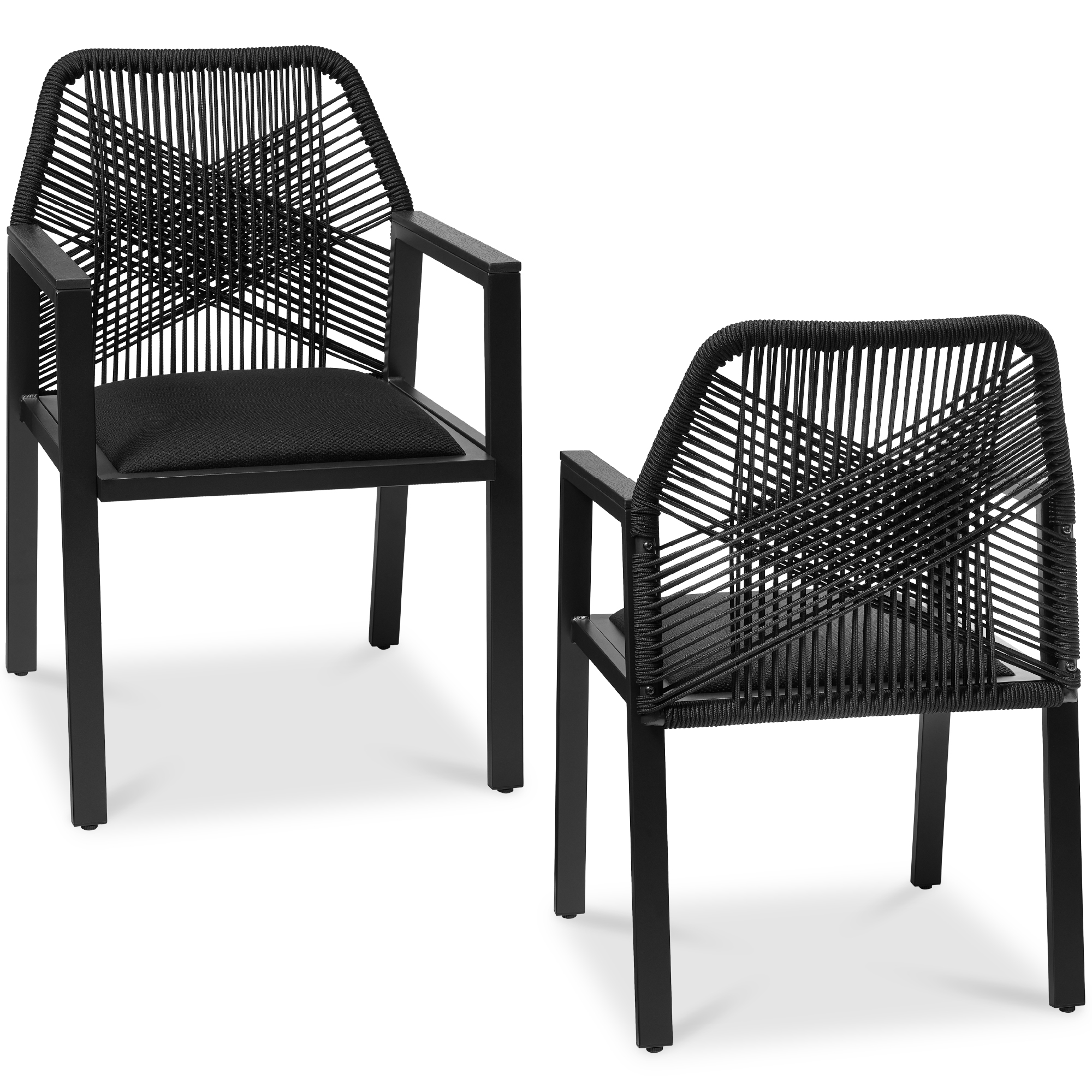 Set of 2 Indoor/Outdoor Aluminum Woven Rope Dining Chairs w/ Armrests - Black/Obsidian - Best Choice Products Online