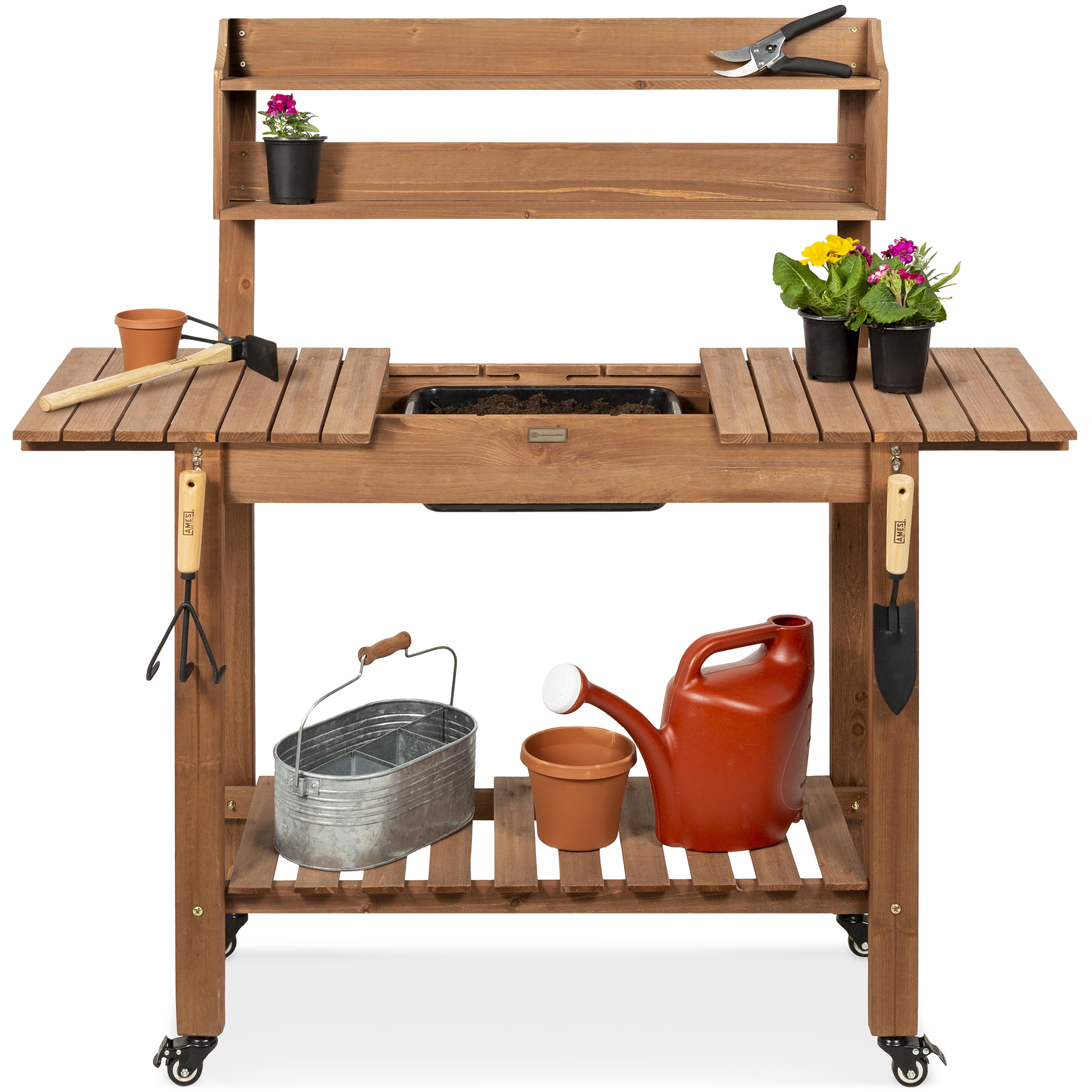 Garden Potting Bench, Wooden Outdoor Workstation Table w/ Sliding Tabletop, 4 Locking Wheels, Dry Sink - Brown - Best Choice Products Online