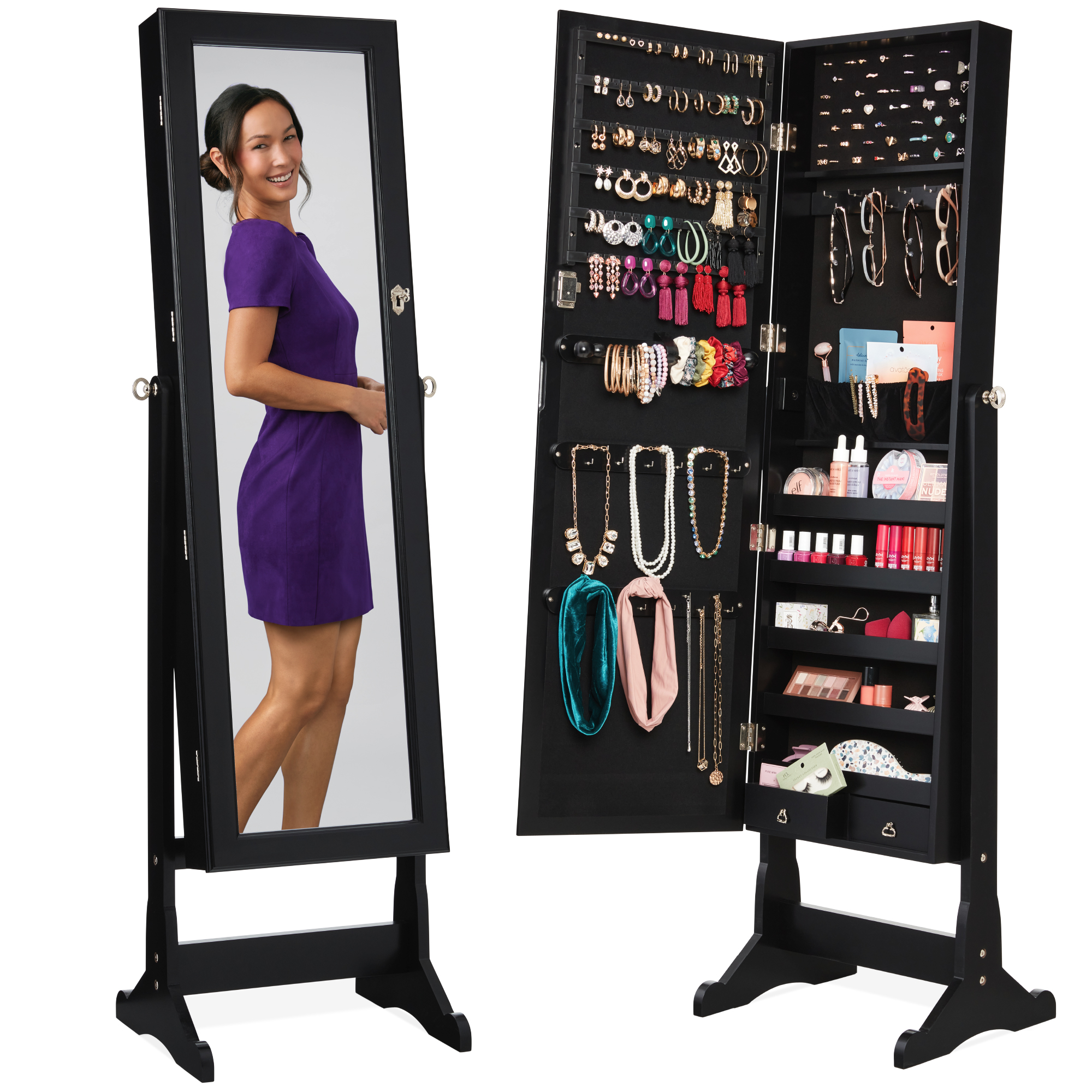 Standing Mirrored Jewelry Armoire Organizer, Lockable Full Length Storage Cabinet w/ Velvet Interior - Black - Best Choice Products Online