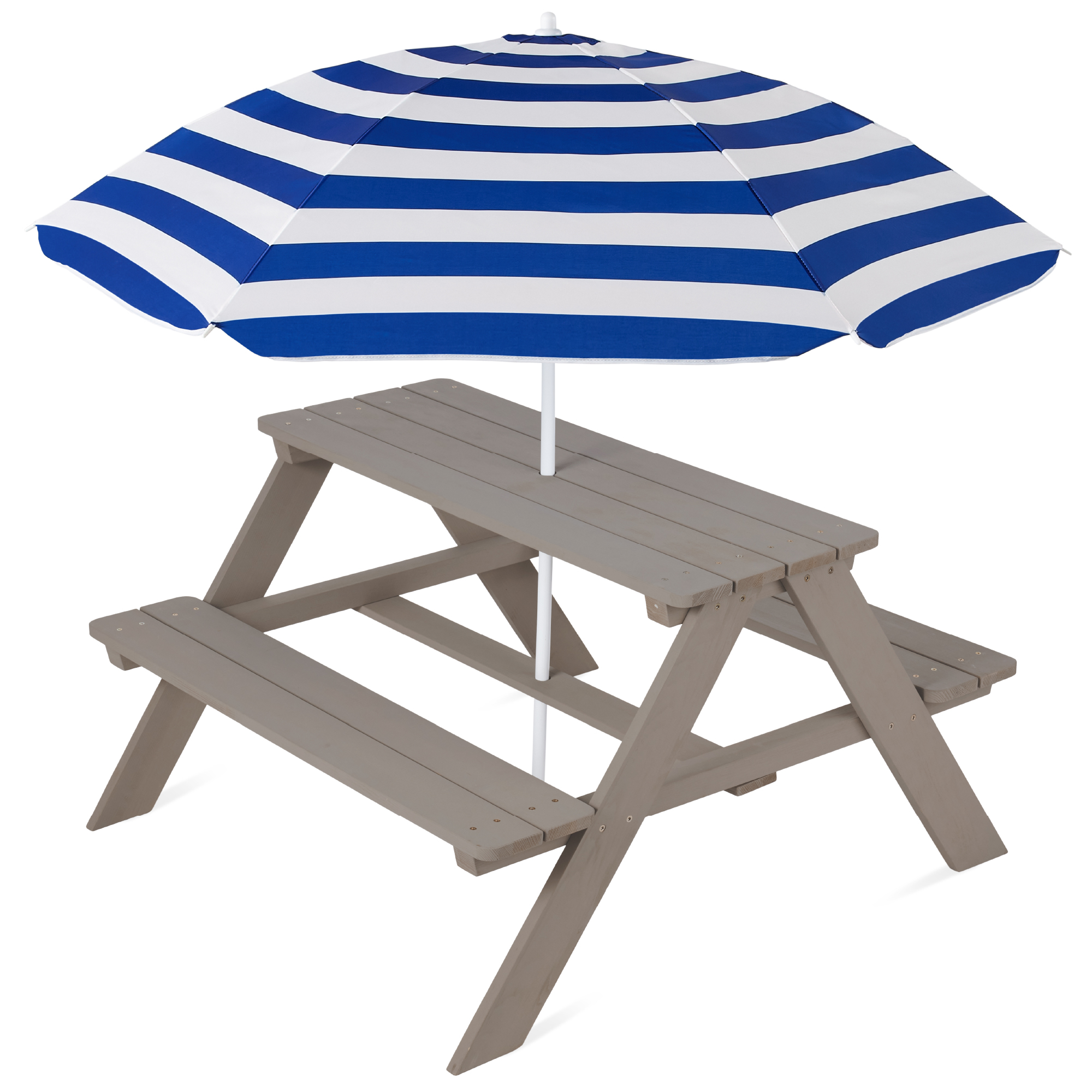 Kids Wooden Picnic Table, Outdoor Activity Table & Bench w/ Adjustable Umbrella - Gray/Navy - Best Choice Products Online