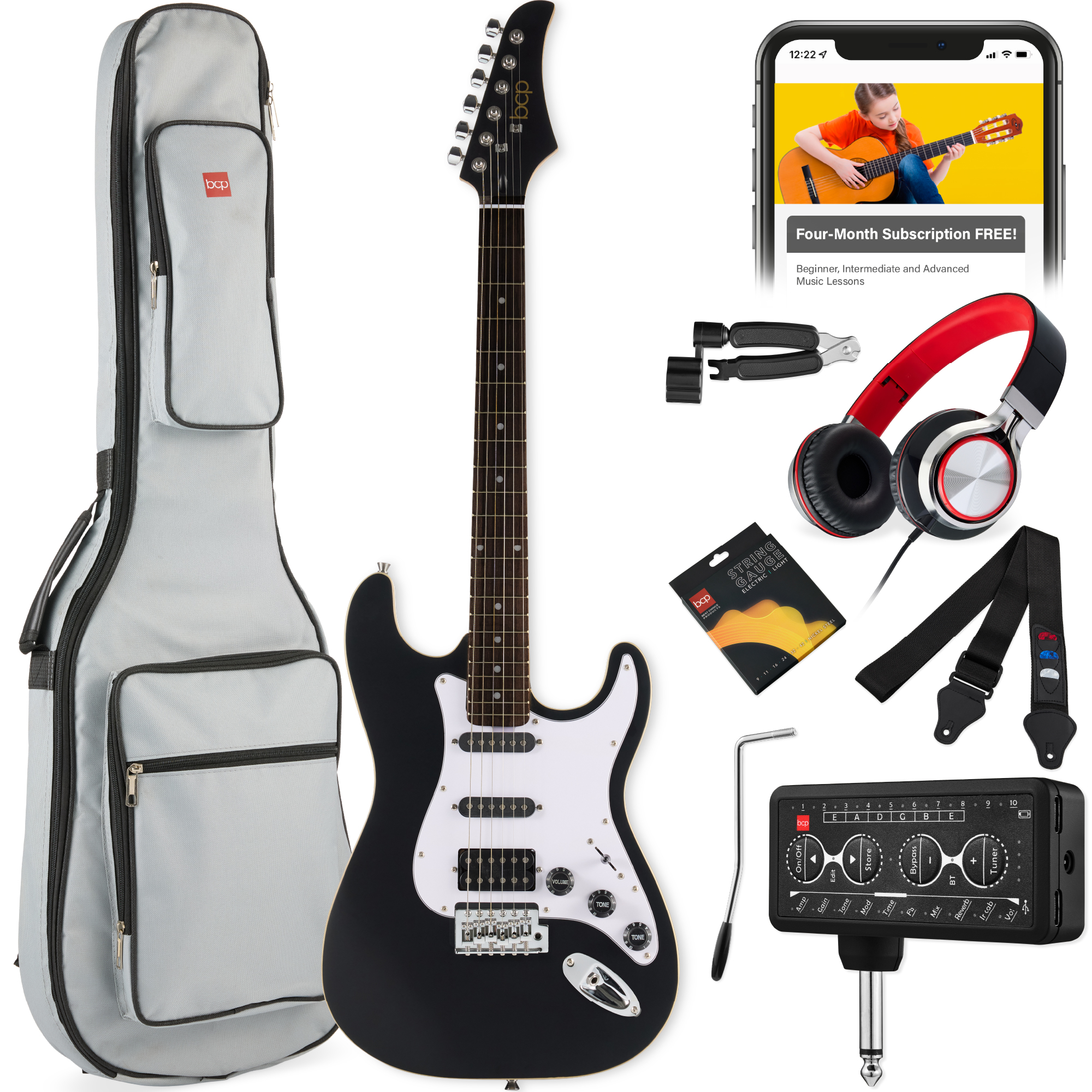 Beginner HSS Electric Guitar Kit w/ Headphone Amp, Gig-Bag, Headphones - Satin Black/White - Best Choice Products Online
