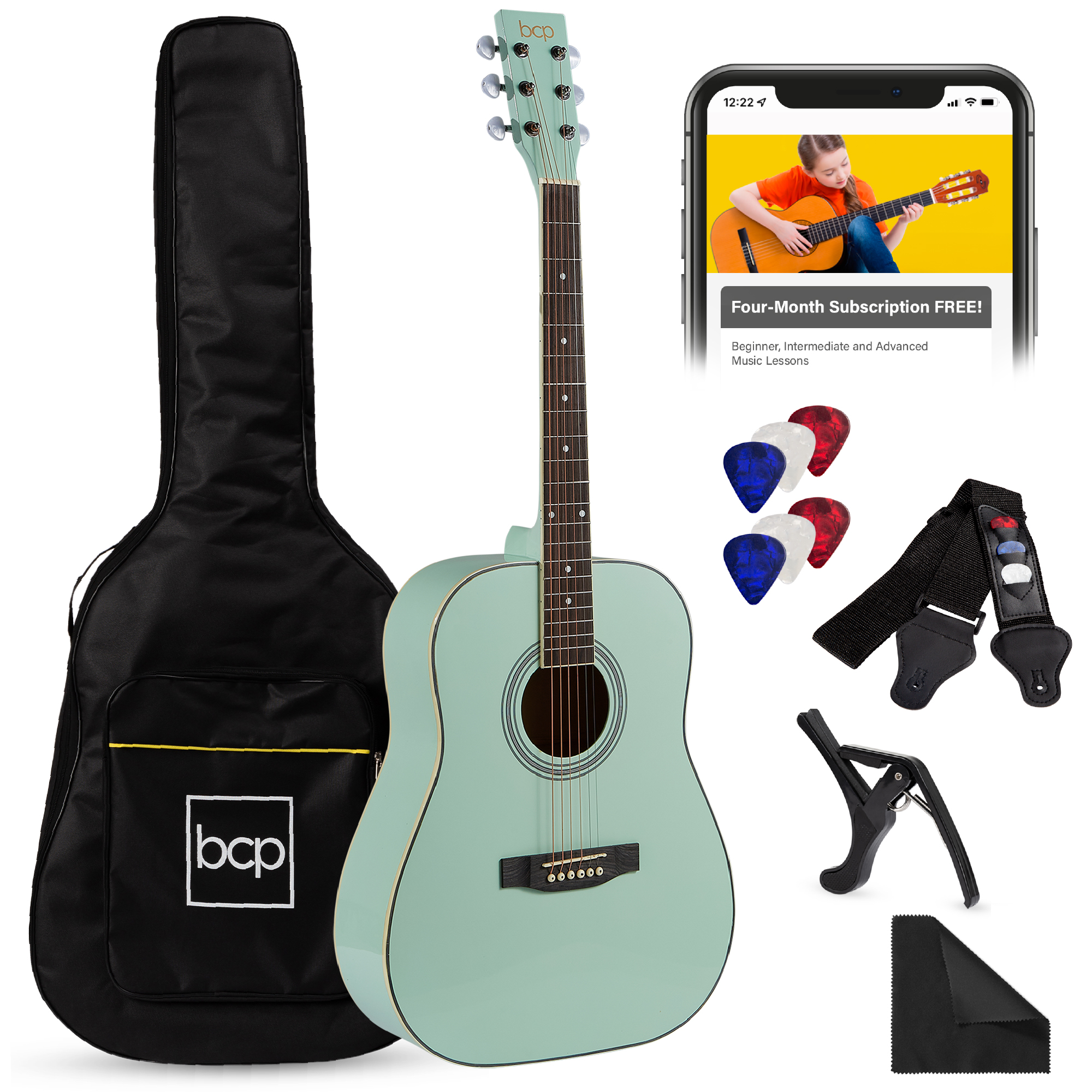 41in Full Size All-Wood Acoustic Guitar Starter Kit w/Gig Bag, E-Tuner, Pick, Strap, Rag - SoCal Green - Best Choice Products Online