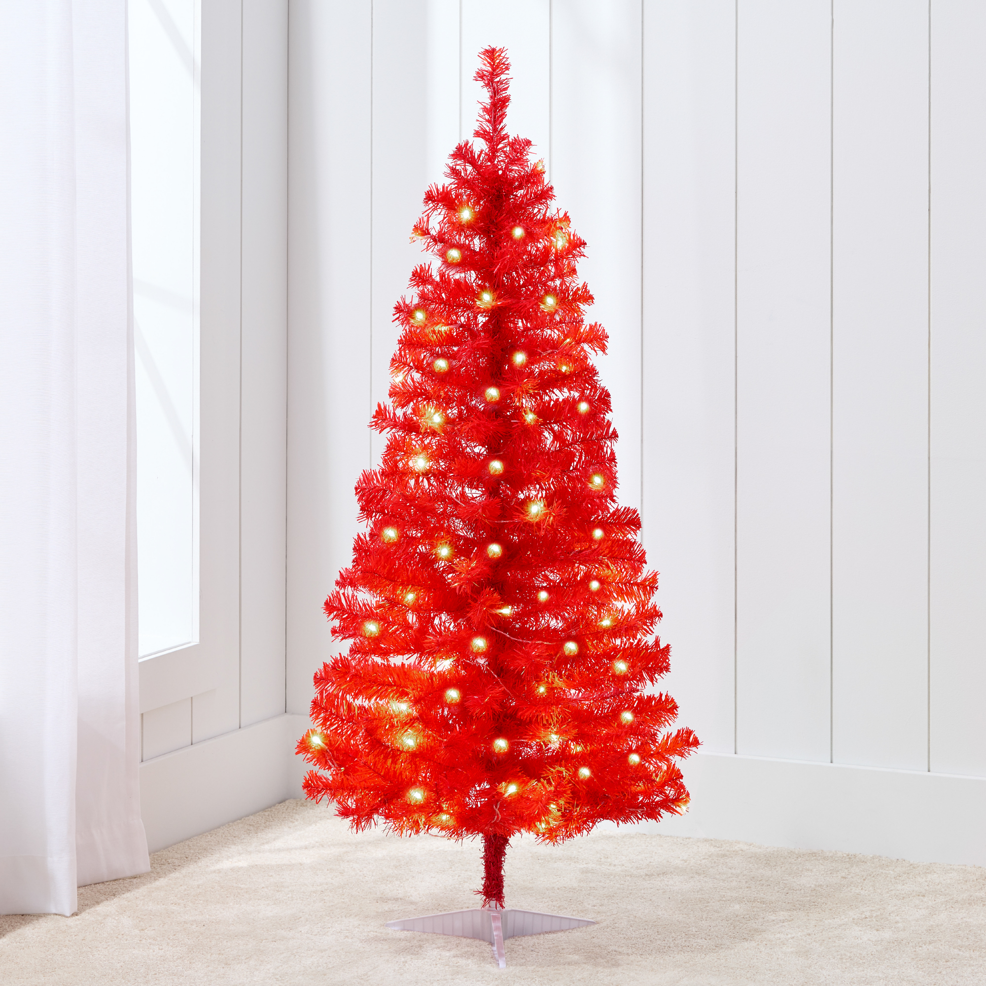 4ft Pre-Lit Red Tinsel Christmas Tree, Artificial Tree Holiday Decor w/ LED Lights - Red Tinsel - Best Choice Products Online