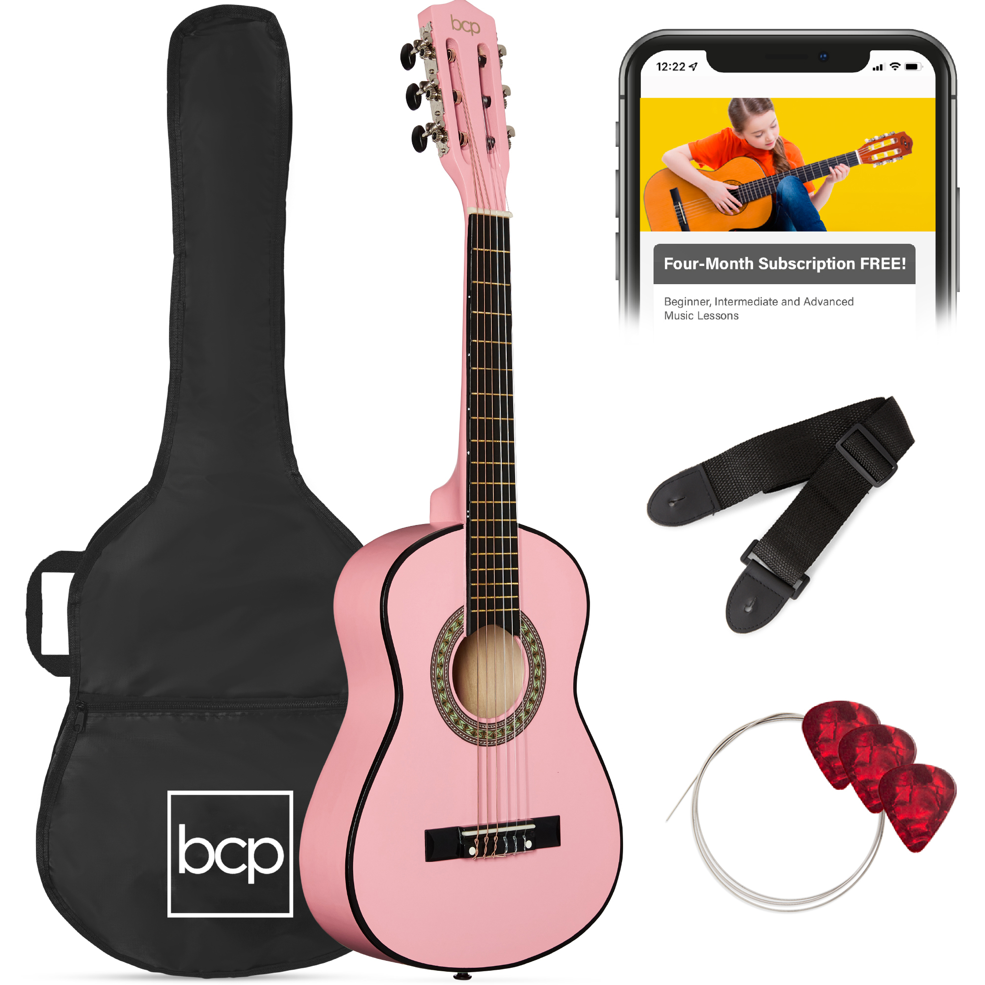 30in Kids Classical Acoustic Guitar Beginners Set w/ Carry Bag, Picks, Strap - Pink - Best Choice Products Online
