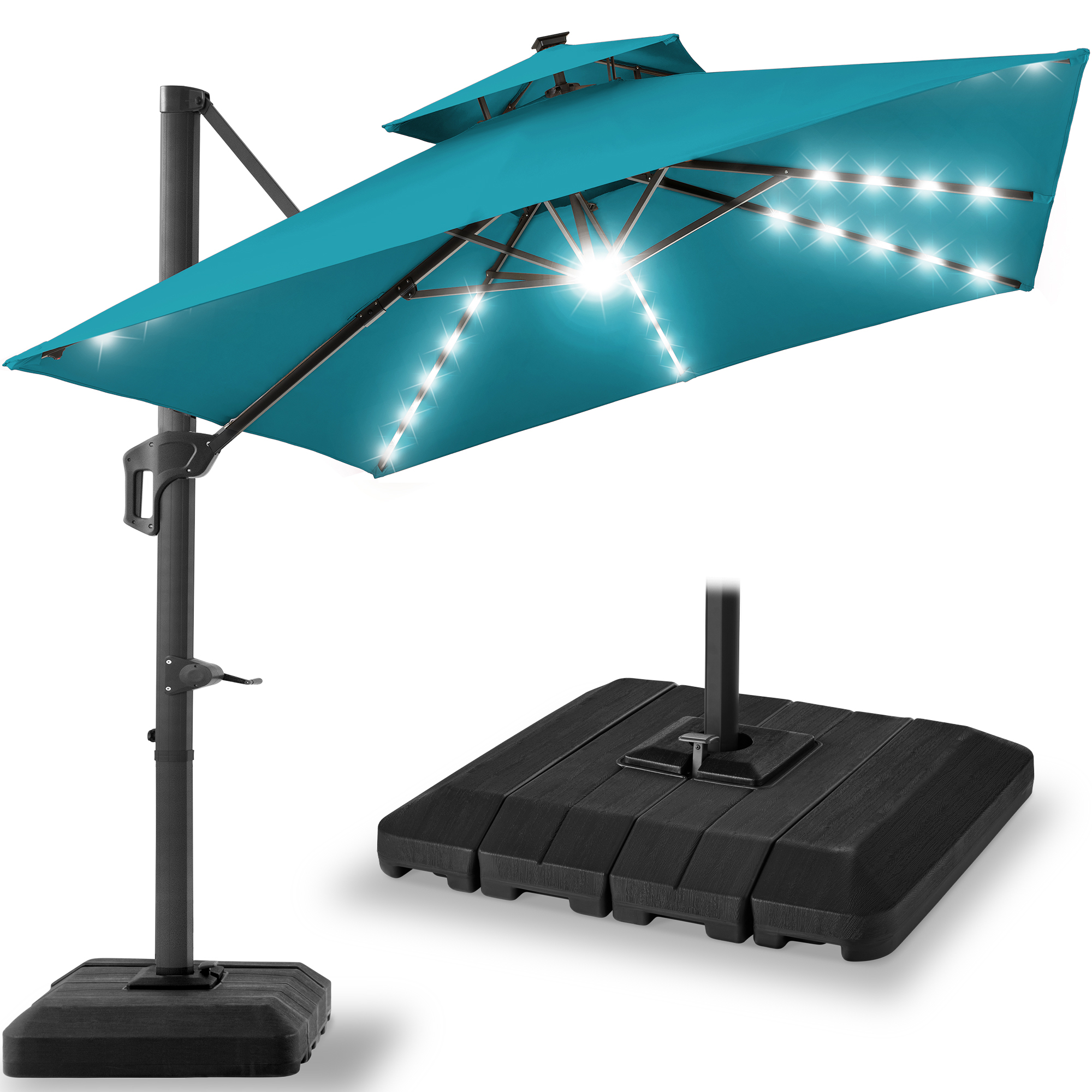 10ft 2-Tier Square Outdoor Solar LED Cantilever Patio Umbrella w/ Base Included - Cerulean - Best Choice Products Online