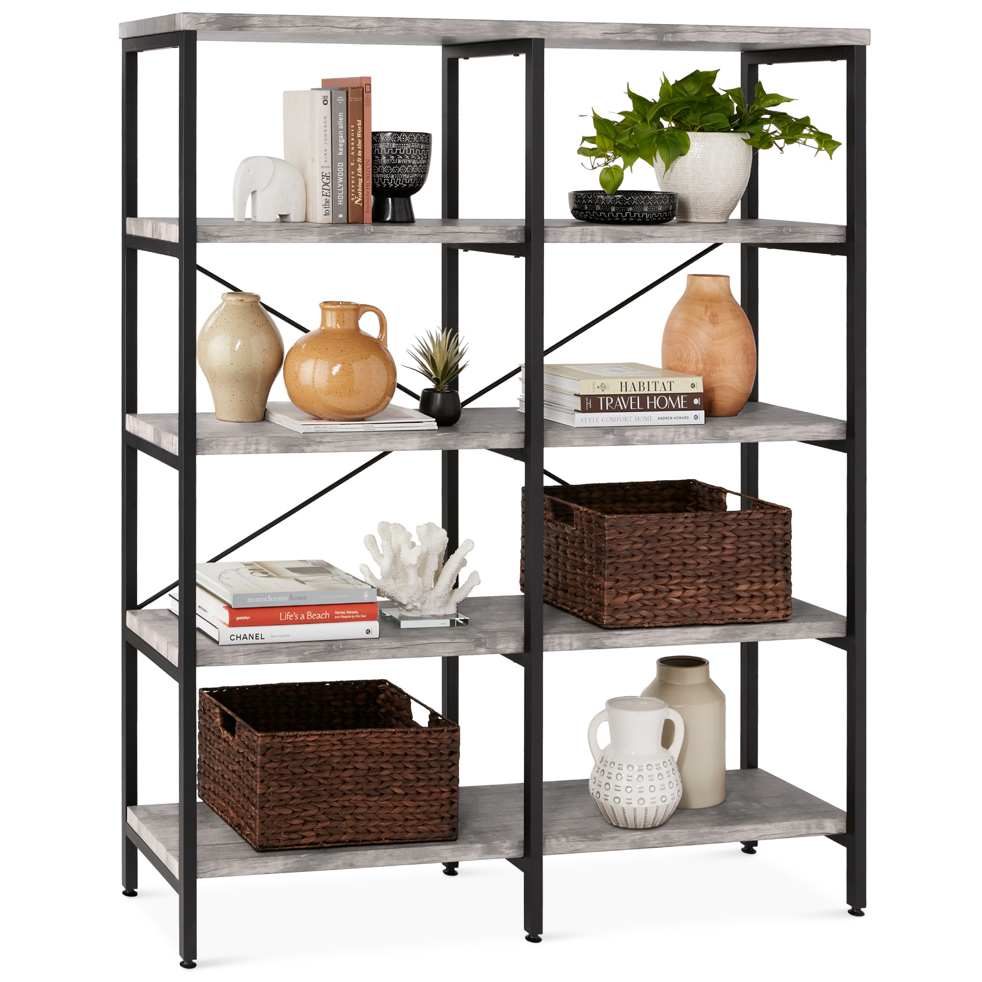 Living Room Storage Bookshelf w/ Industrial, Elevated Design - 55in, Gray | Best Choice Products Online